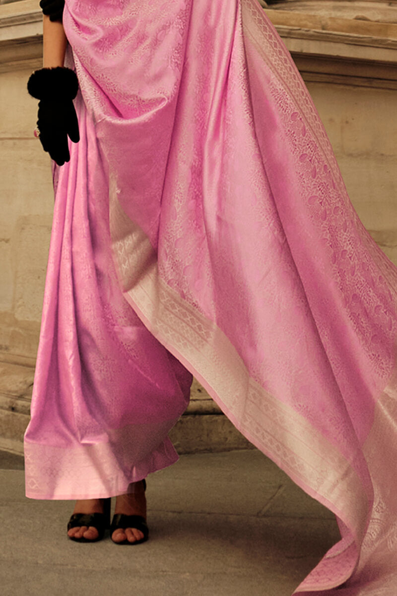 Pink Elegant Satin Silk Blend Saree with Matching Blended Silk Blouse Piece