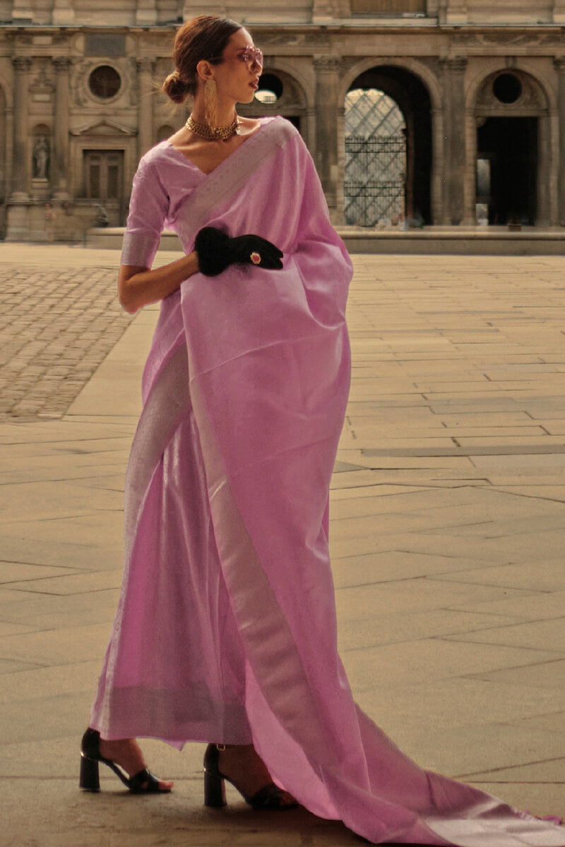 Pink Elegant Satin Silk Blend Saree with Matching Blended Silk Blouse Piece