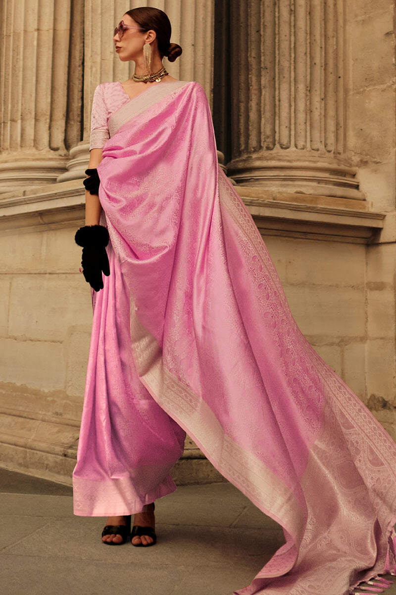 Pink Elegant Satin Silk Blend Saree with Matching Blended Silk Blouse Piece