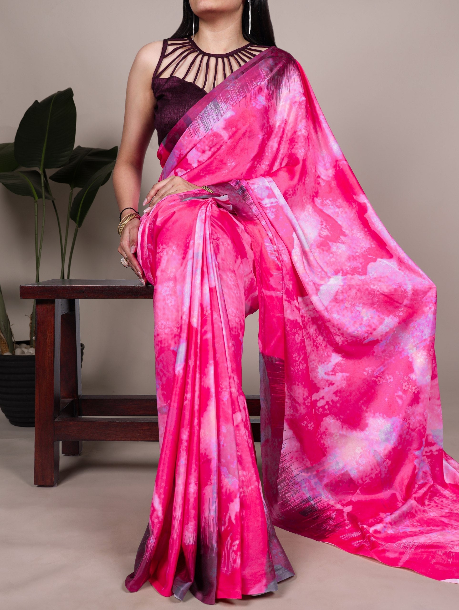 Pink Elegant Satin Silk Printed Saree with Banglory Blouse Piece – Soft, Lustrous & Timeless Ethnic Drape