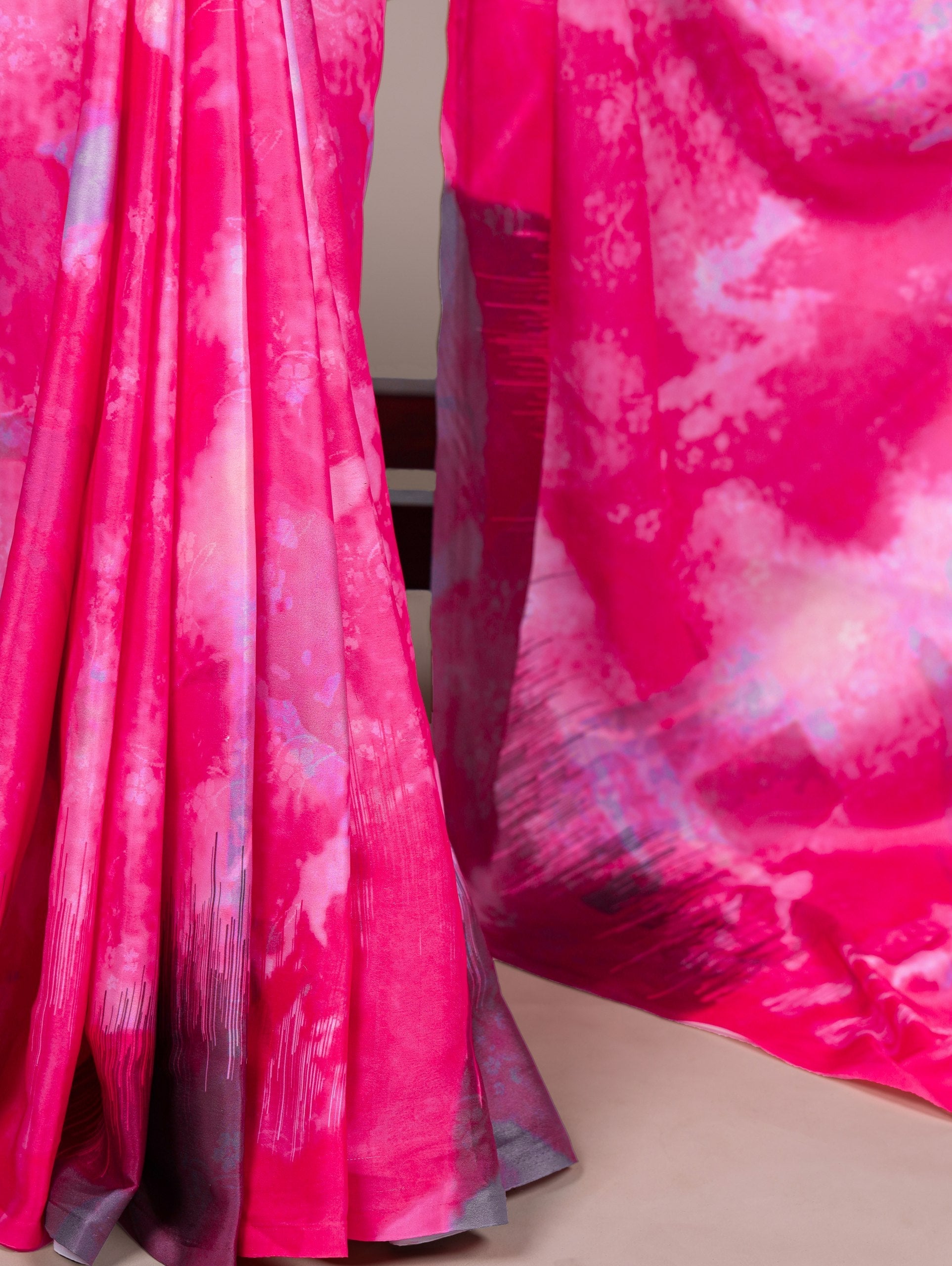 Pink Elegant Satin Silk Printed Saree with Banglory Blouse Piece – Soft, Lustrous & Timeless Ethnic Drape