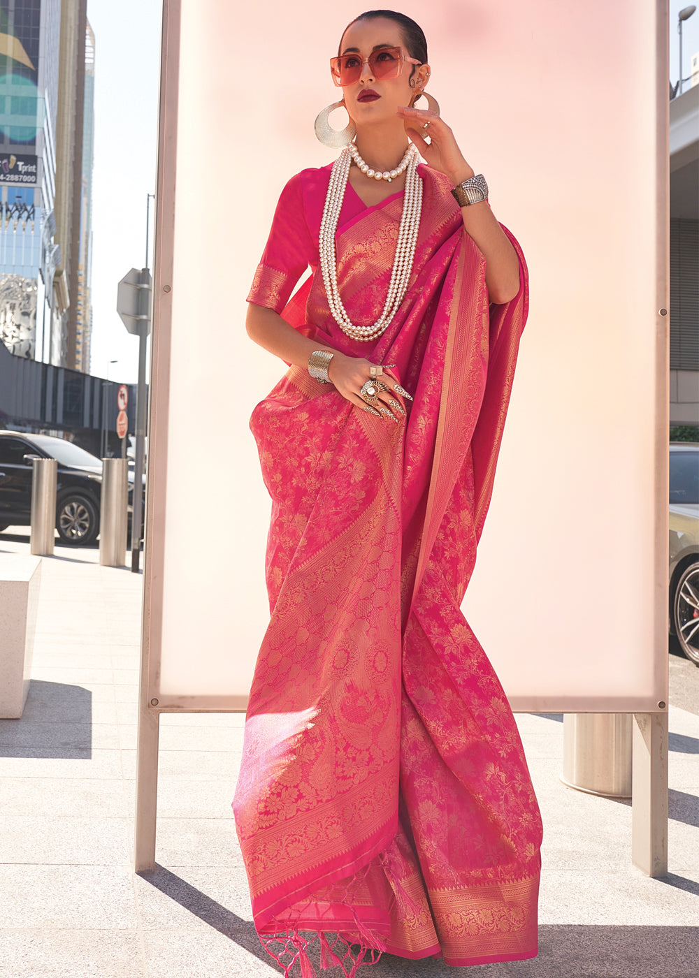 Pink Elegant Soft Banarasi Blended Silk Saree