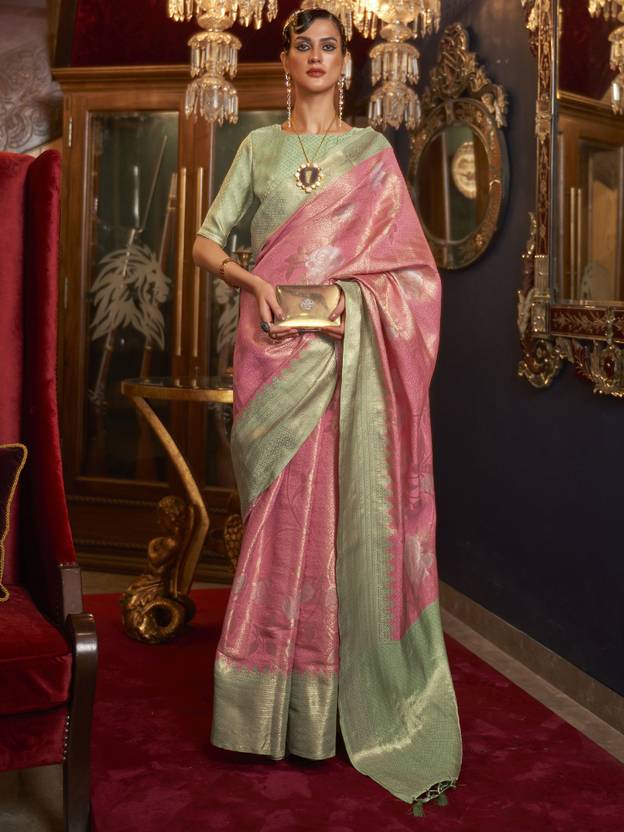 Pink Elegant Tanchoi Woven Banarasi Silk Blend Saree with Blouse Piece