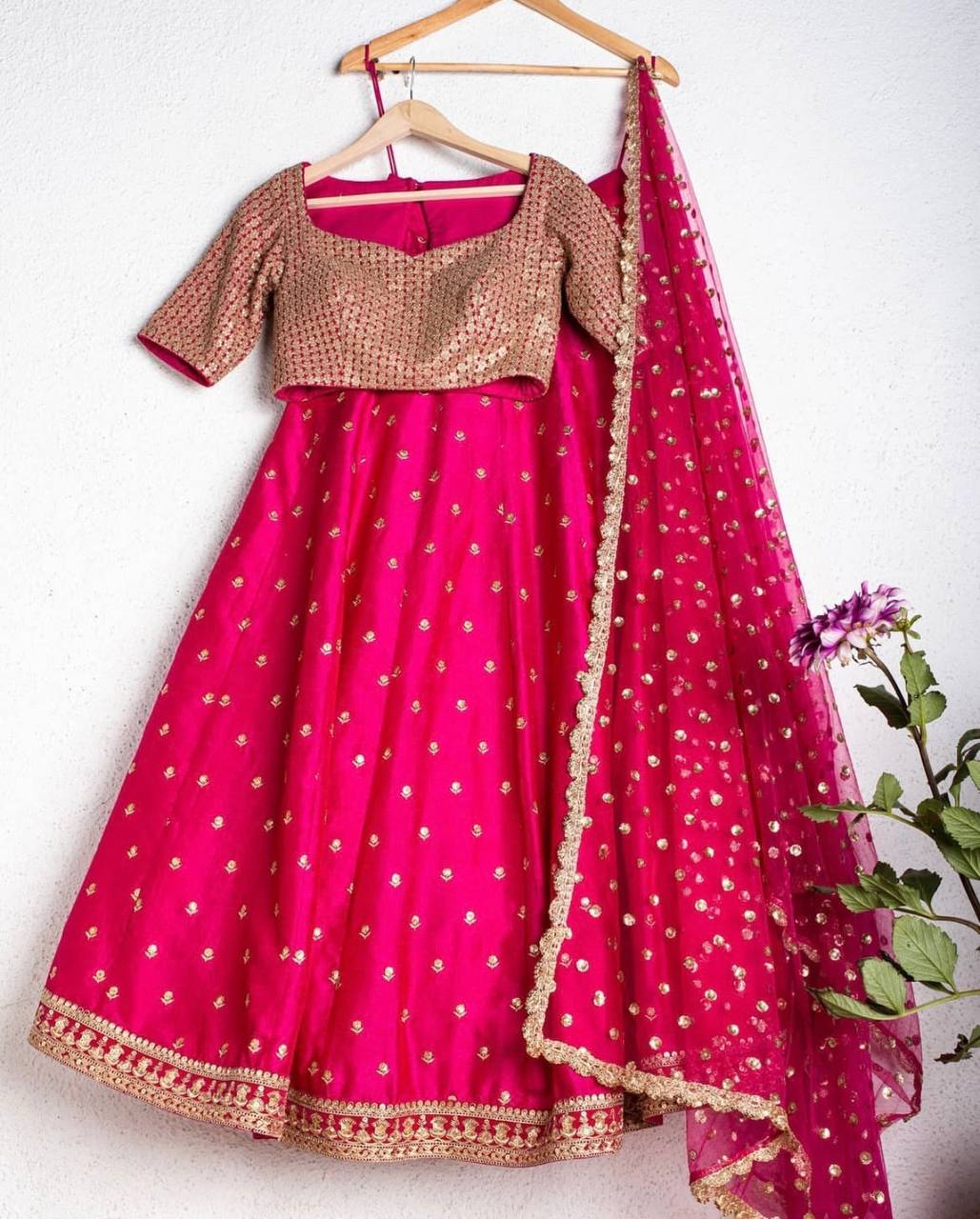 Pink Elegant Tapeta Silk Lehenga Set with Sequins & Zari Embroidery