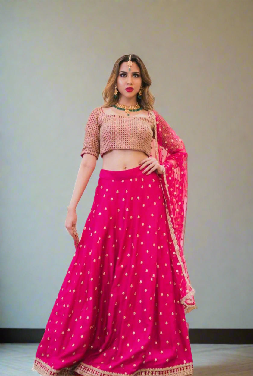 Pink Elegant Tapeta Silk Lehenga Set with Sequins & Zari Embroidery