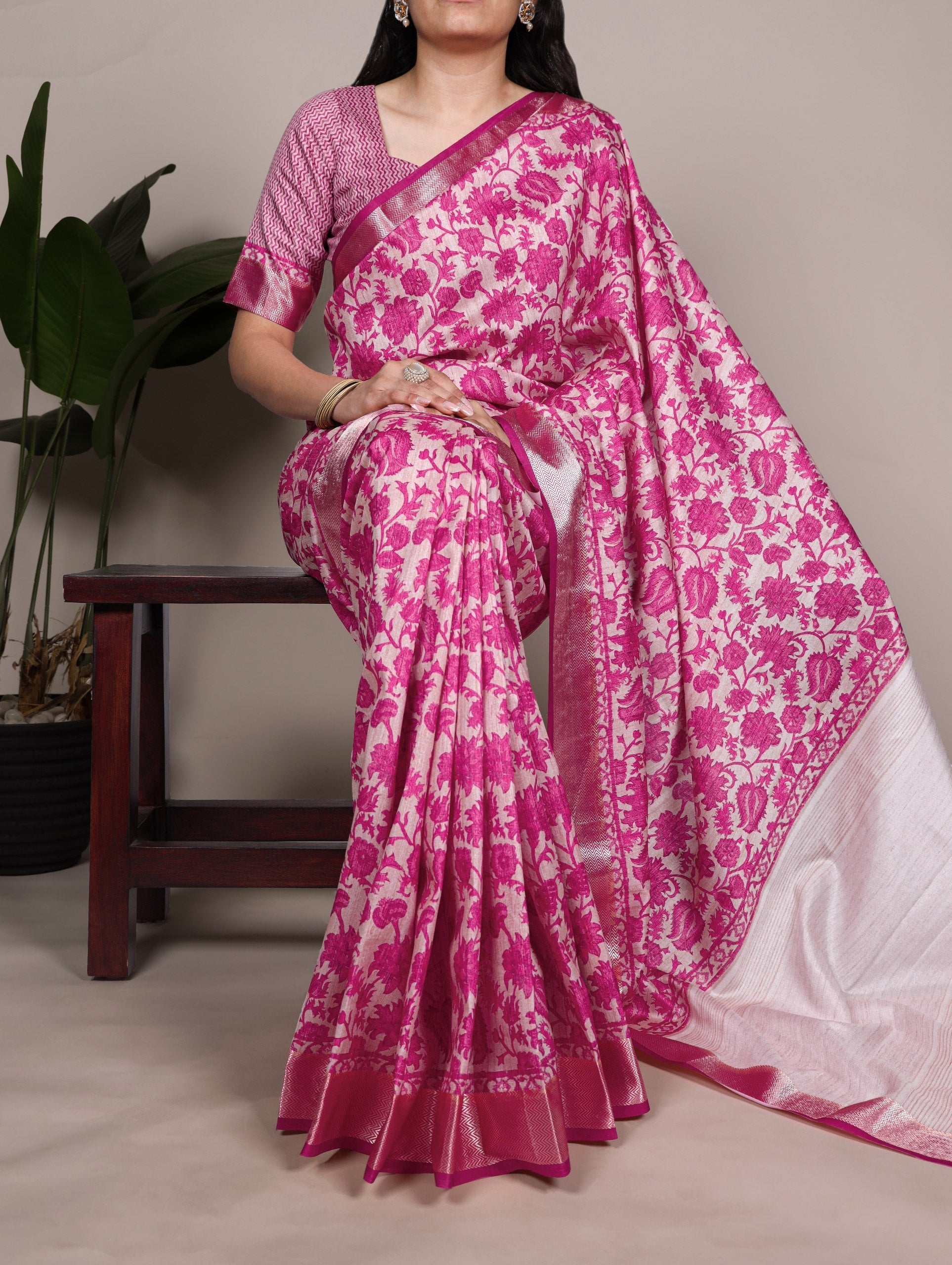 Pink Elegant Tasar Silk Printed Saree with Viscose Border & Matching Unstitched Blouse – Premium Traditional Party & Festive Wear