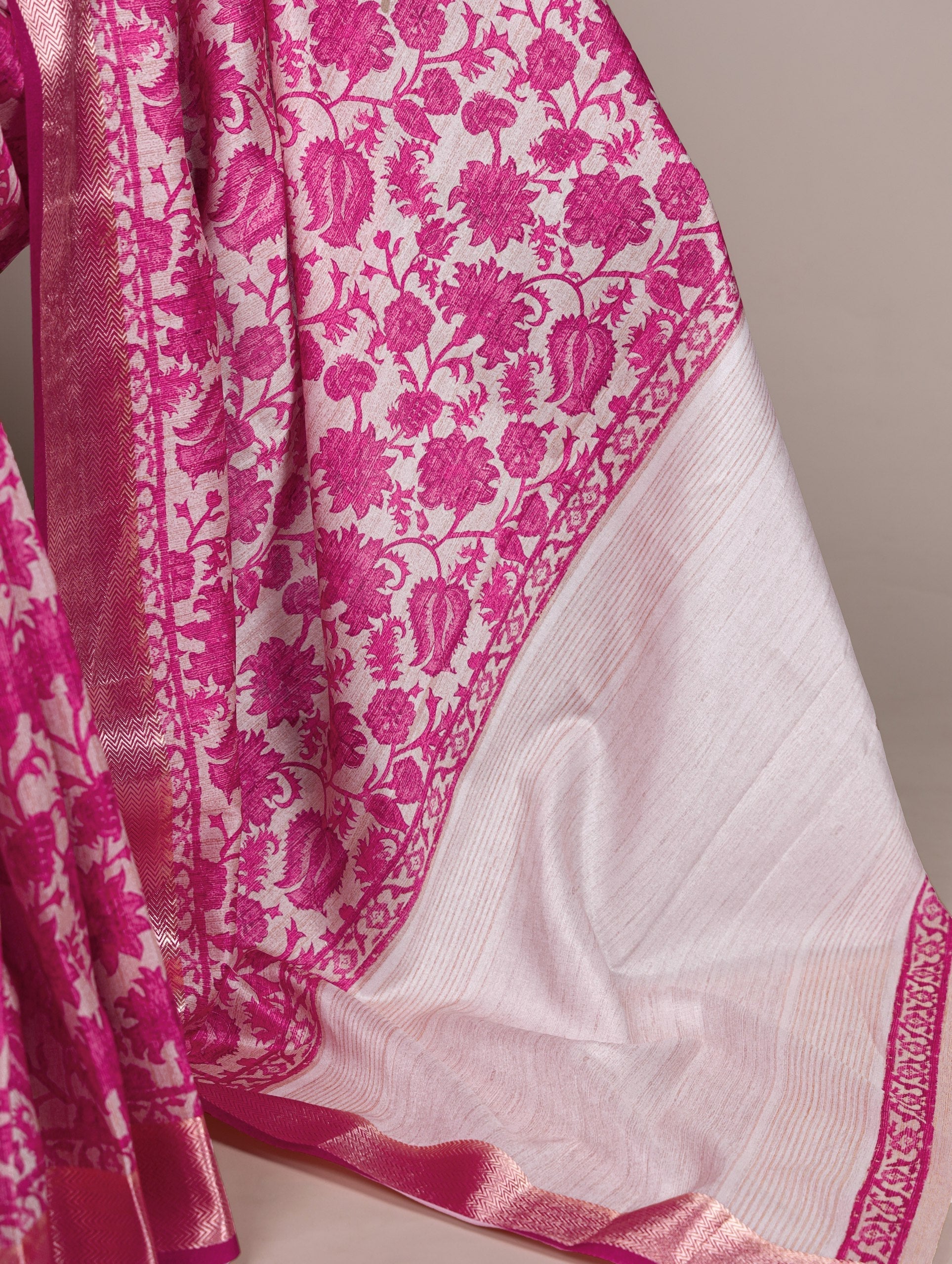 Pink Elegant Tasar Silk Printed Saree with Viscose Border & Matching Unstitched Blouse – Premium Traditional Party & Festive Wear