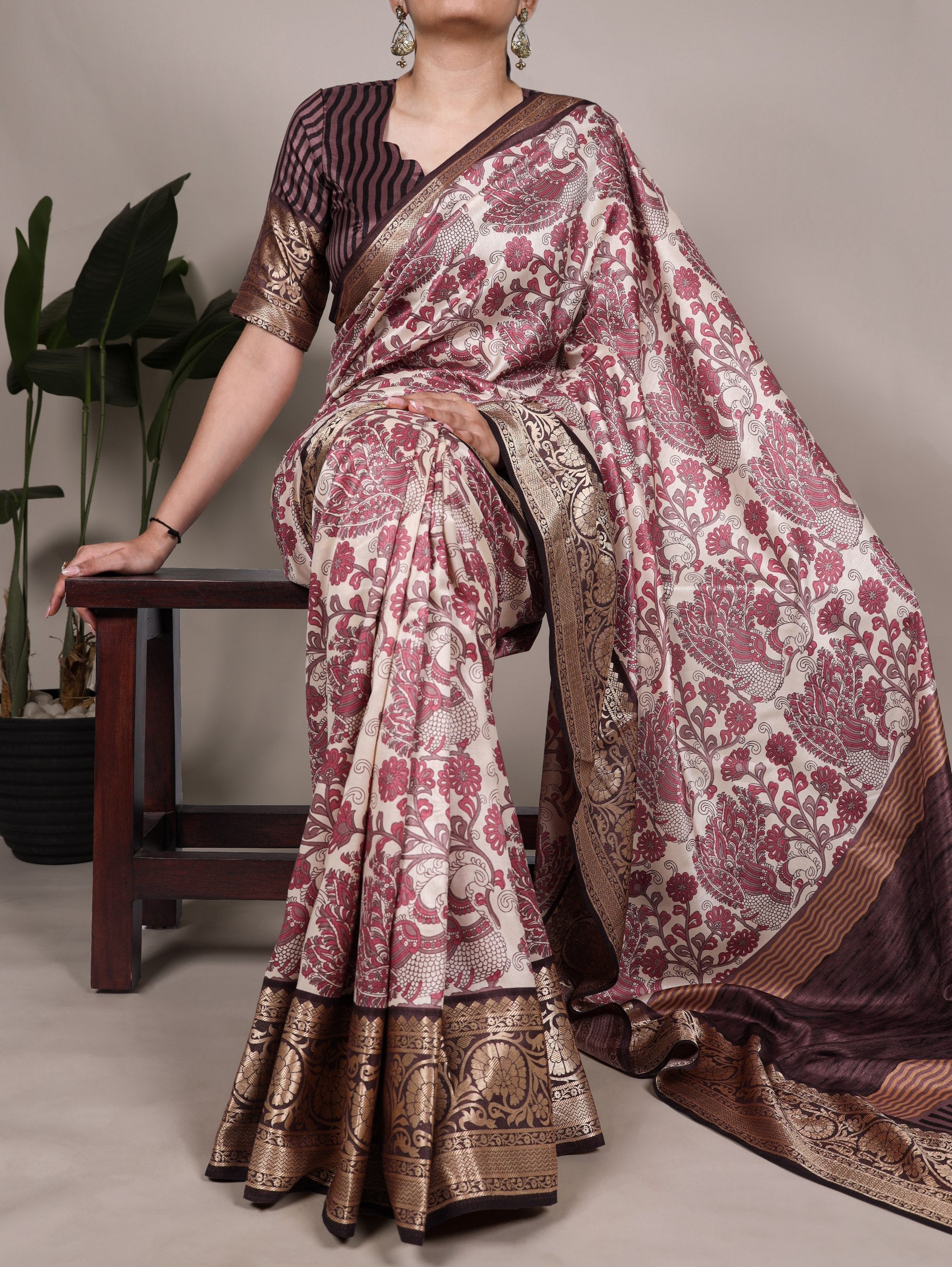 Pink Elegant Tasar Silk Printed Saree with Viscose Border & Unstitched Blouse – 5.5 Meter Traditional Silk Saree
