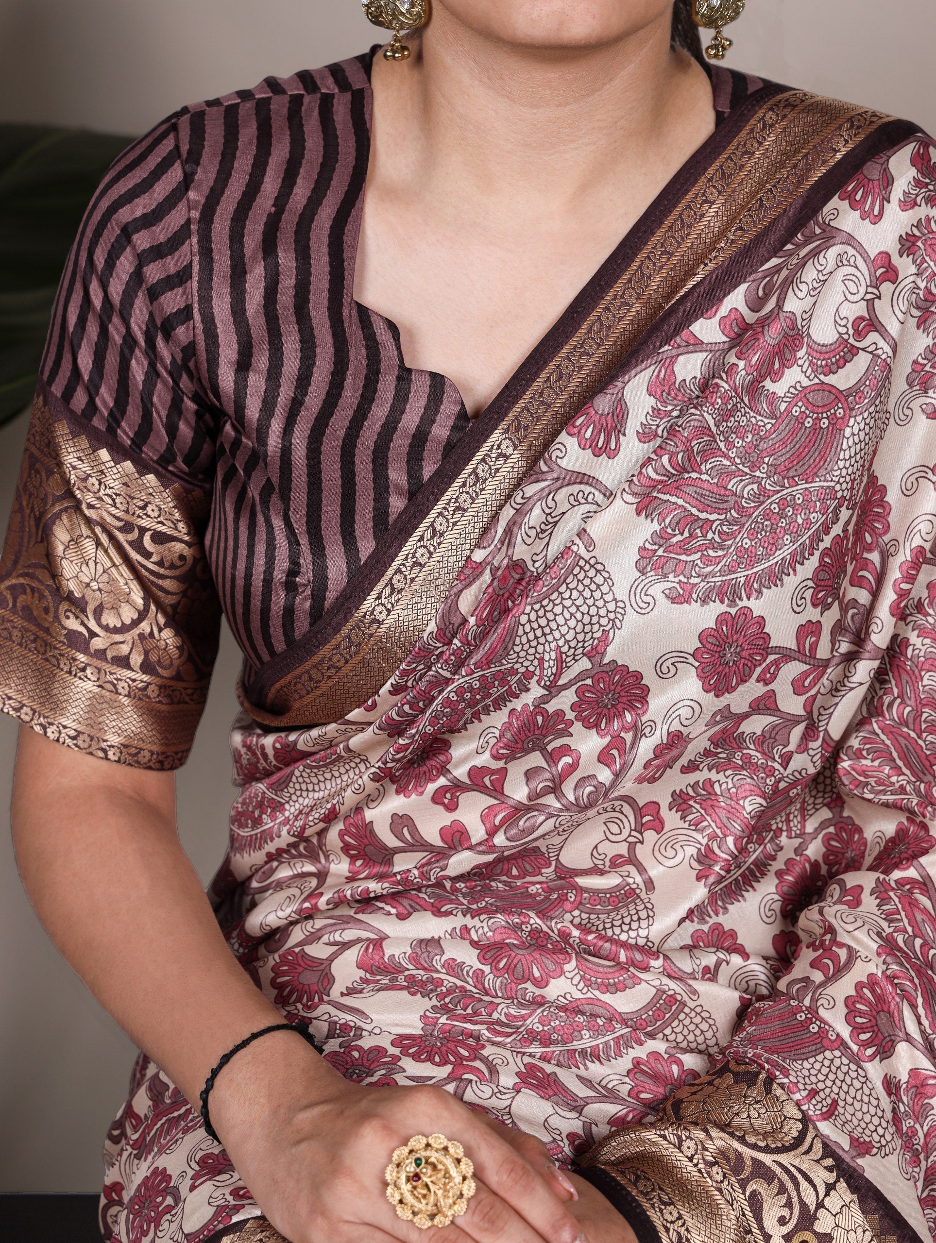 Pink Elegant Tasar Silk Printed Saree with Viscose Border & Unstitched Blouse – 5.5 Meter Traditional Silk Saree