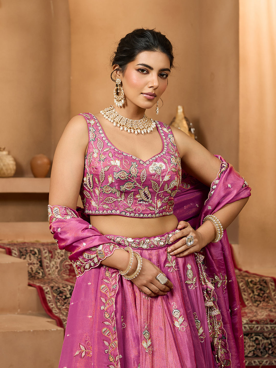Pink Elegant Tissue Lehenga Choli with Matching Dupatta – Sequins, Stones & Thread Embroidery Festive & Party Wear