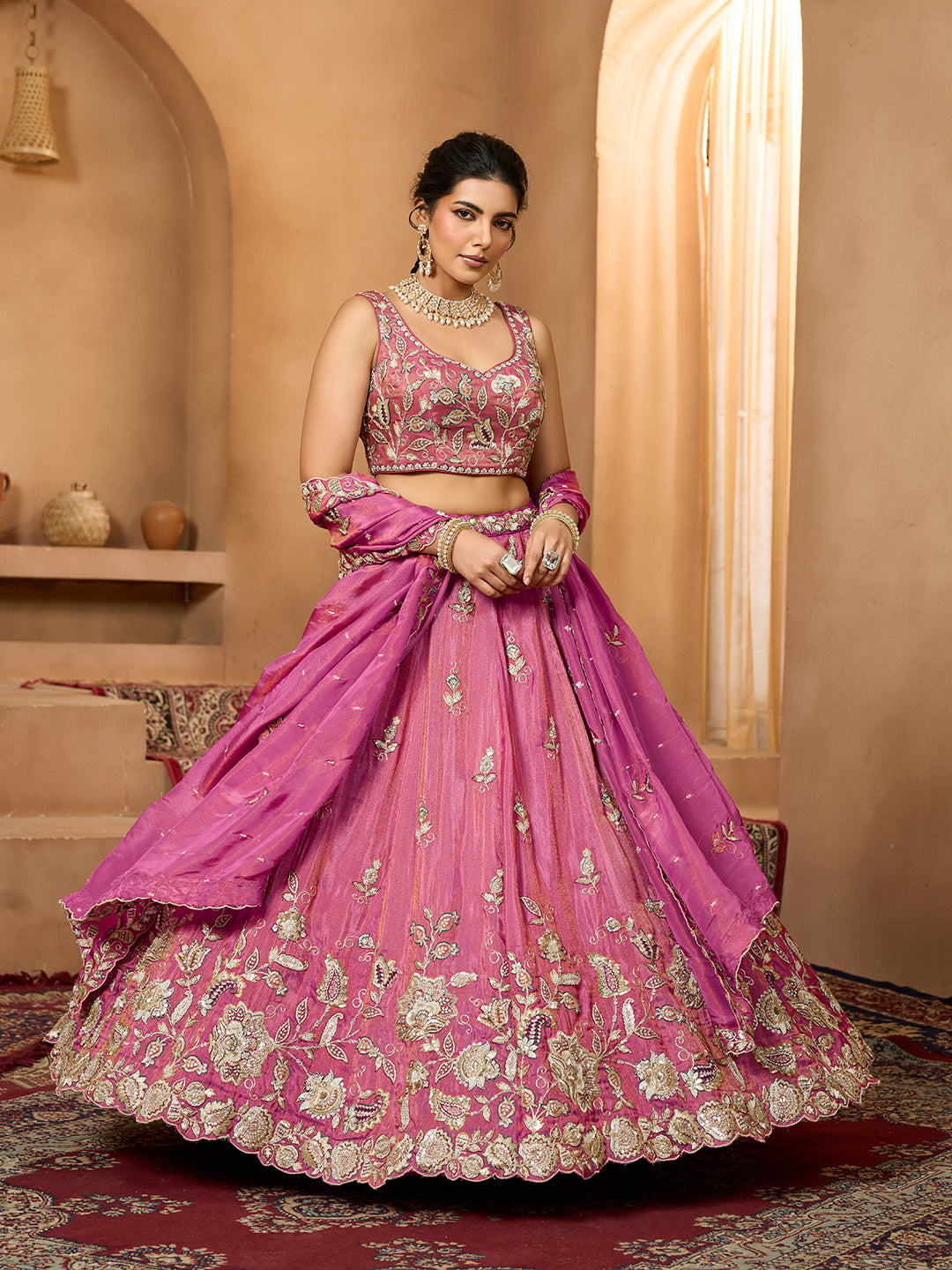 Pink Elegant Tissue Lehenga Choli with Matching Dupatta – Sequins, Stones & Thread Embroidery Festive & Party Wear