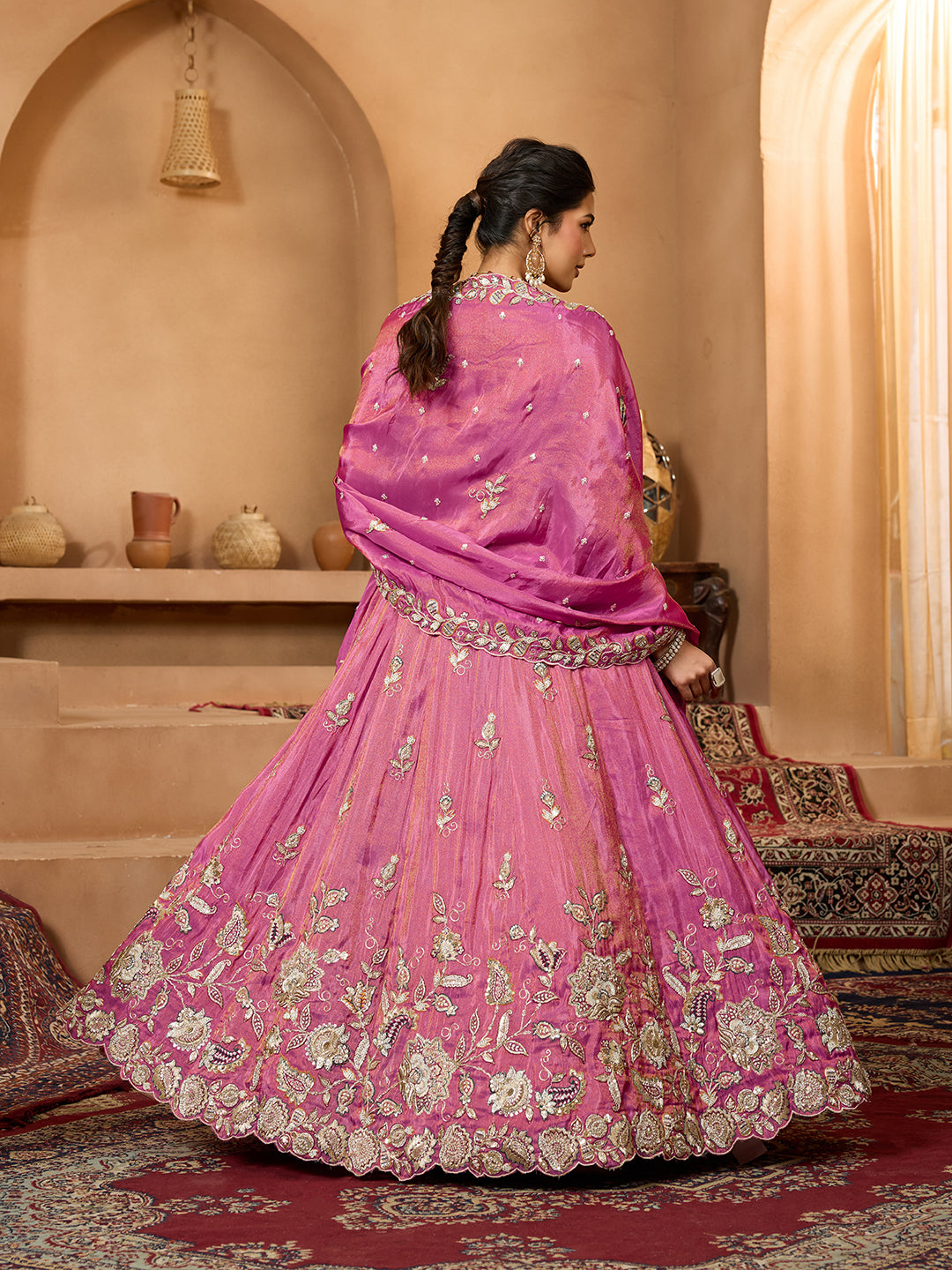 Pink Elegant Tissue Lehenga Choli with Matching Dupatta – Sequins, Stones & Thread Embroidery Festive & Party Wear