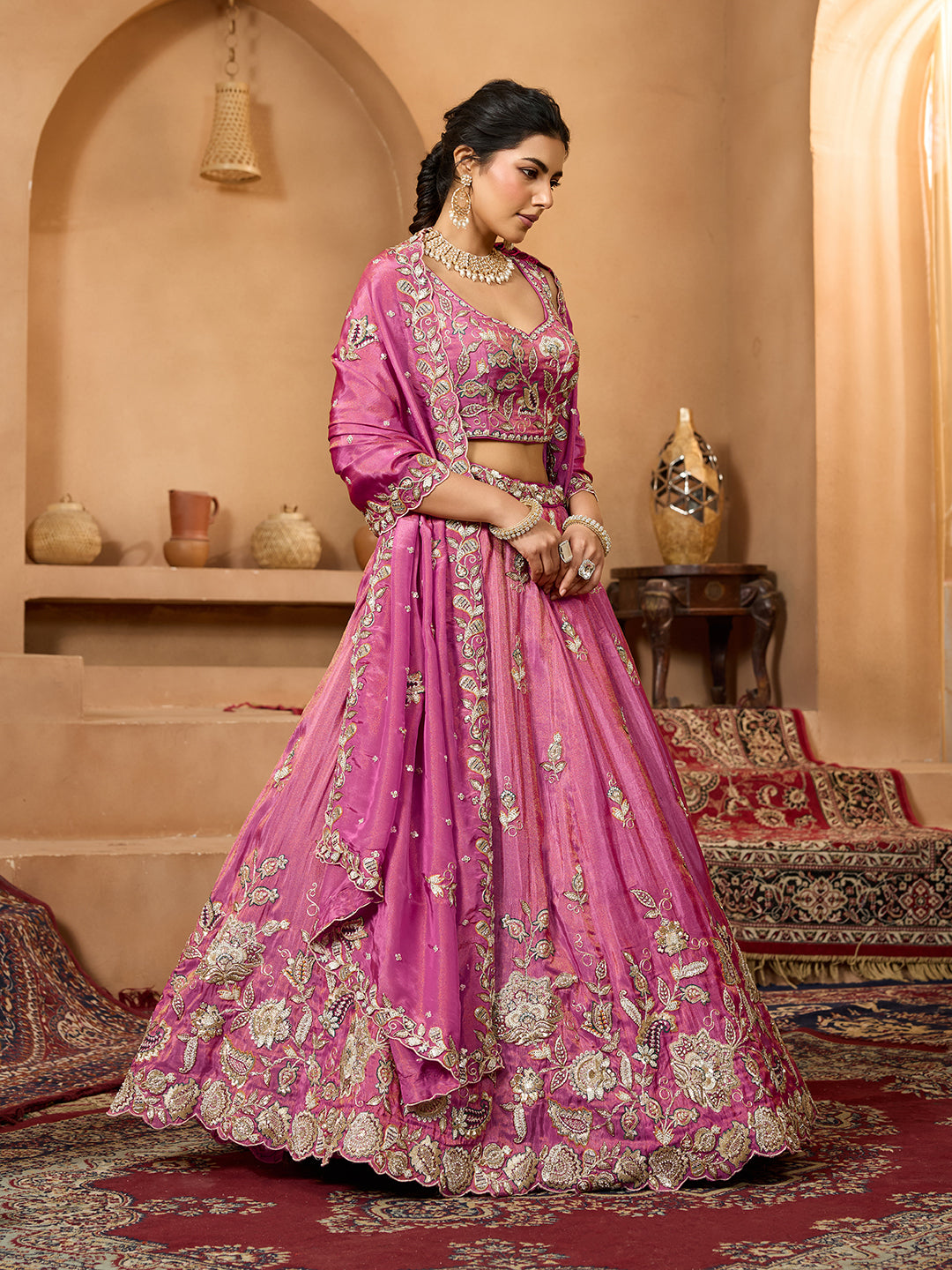 Pink Elegant Tissue Lehenga Choli with Matching Dupatta – Sequins, Stones & Thread Embroidery Festive & Party Wear