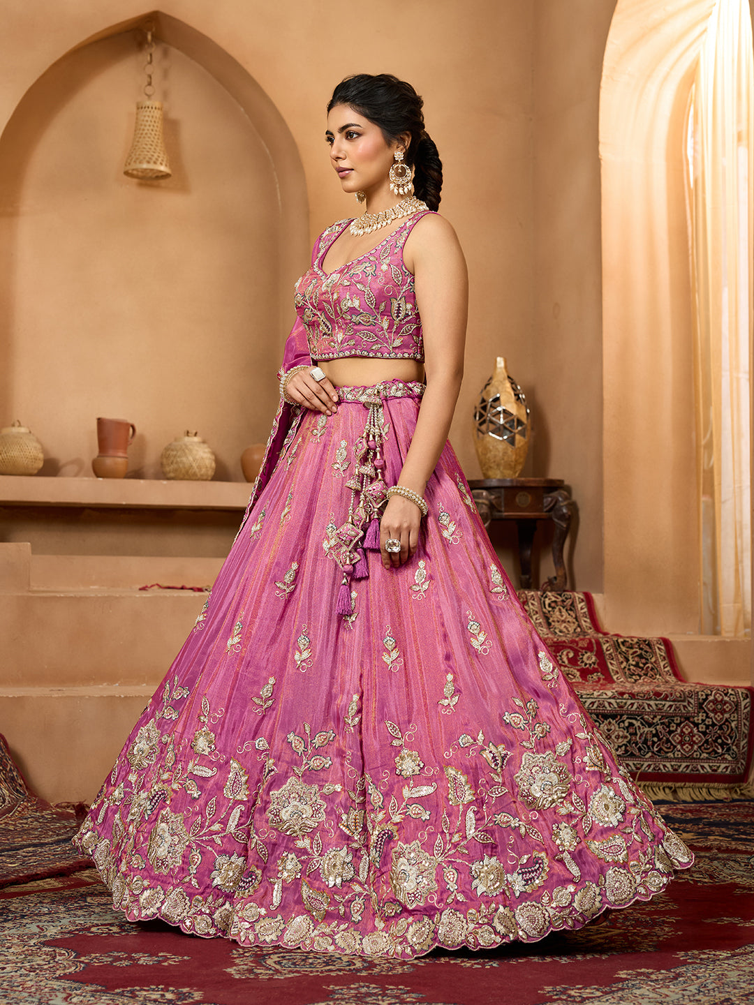 Pink Elegant Tissue Lehenga Choli with Matching Dupatta – Sequins, Stones & Thread Embroidery Festive & Party Wear