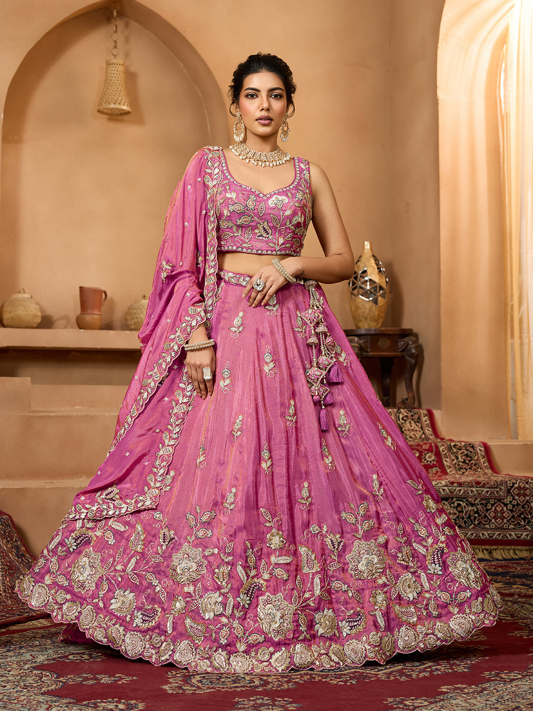 Pink Elegant Tissue Lehenga Choli with Matching Dupatta – Sequins, Stones & Thread Embroidery Festive & Party Wear