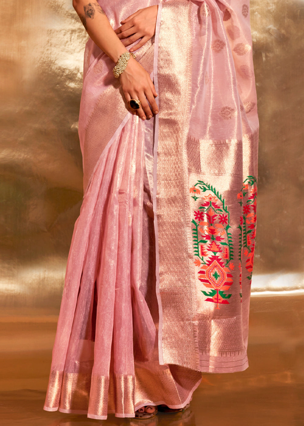 Pink Elegant Tissue Paithani Silk Saree with Designer Border & Embroidered Pallu