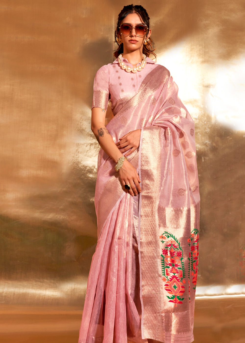 Pink Elegant Tissue Paithani Silk Saree with Designer Border & Embroidered Pallu