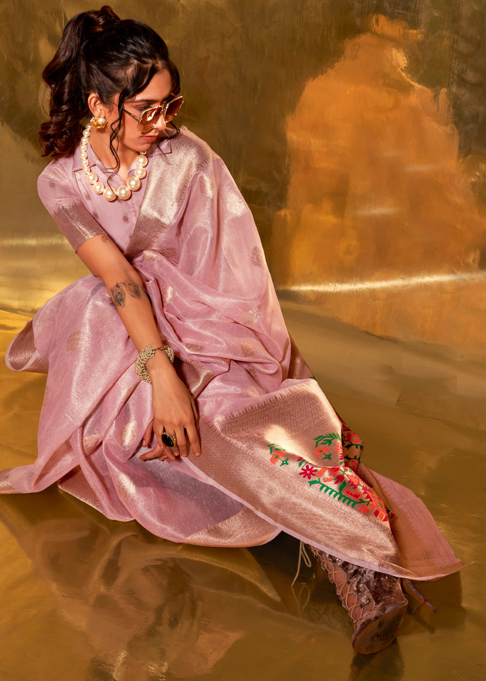 Pink Elegant Tissue Paithani Silk Saree with Designer Border & Embroidered Pallu