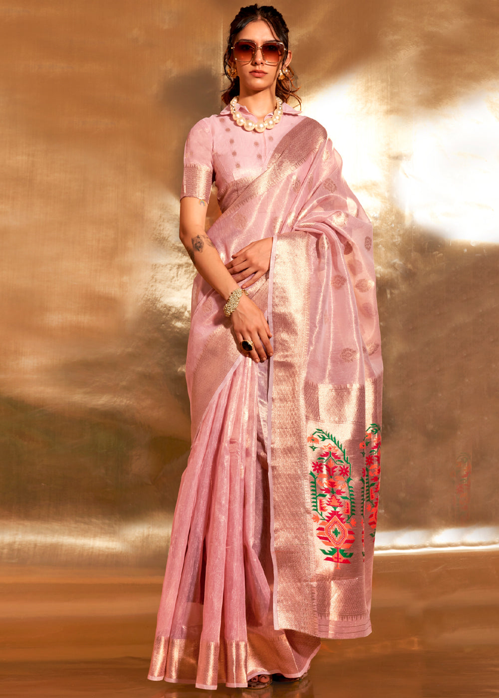 Pink Elegant Tissue Paithani Silk Saree with Designer Border & Embroidered Pallu