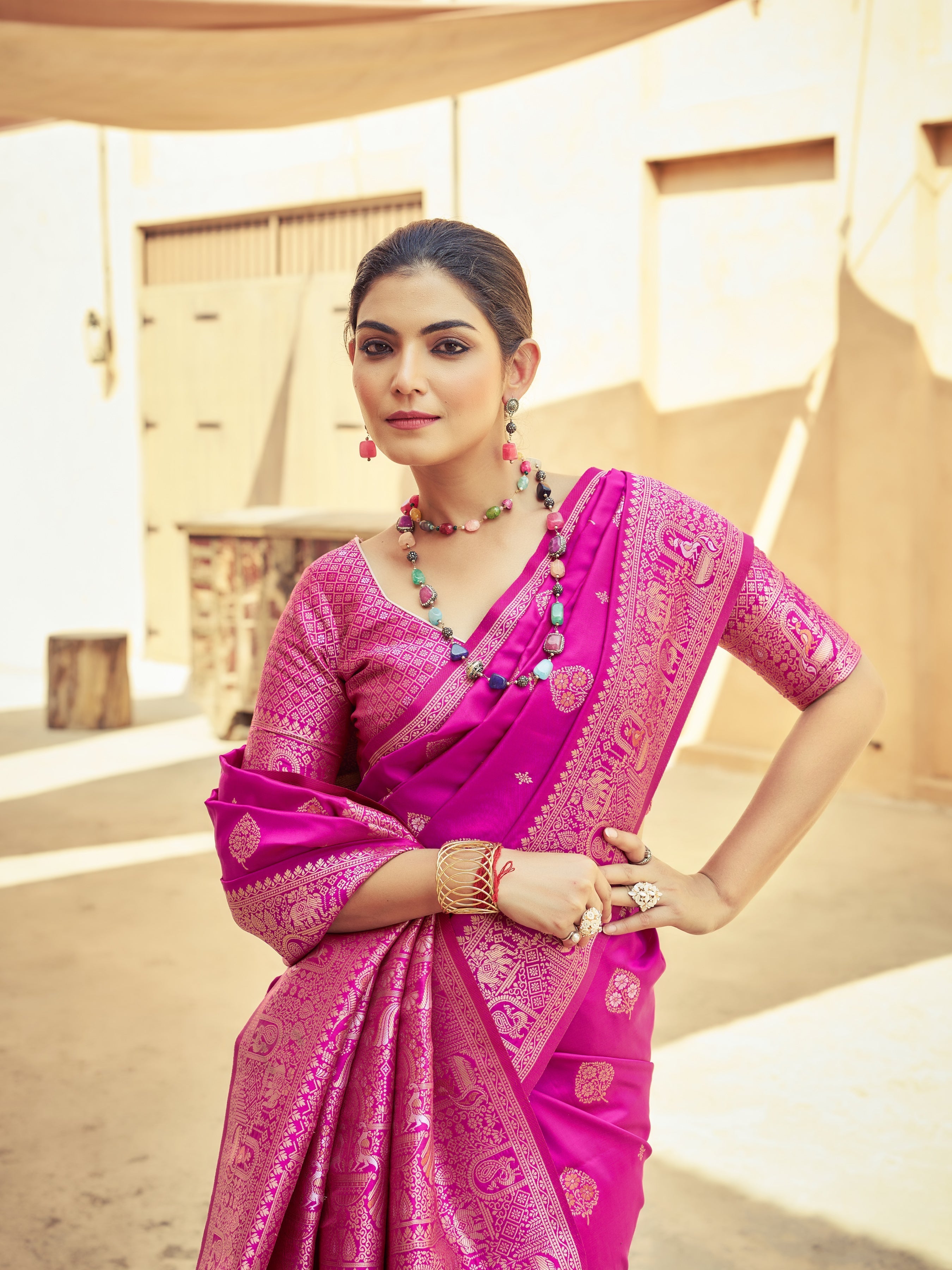 Pink Elegant Zari Woven Cotton Slub Saree with Georgette Blouse