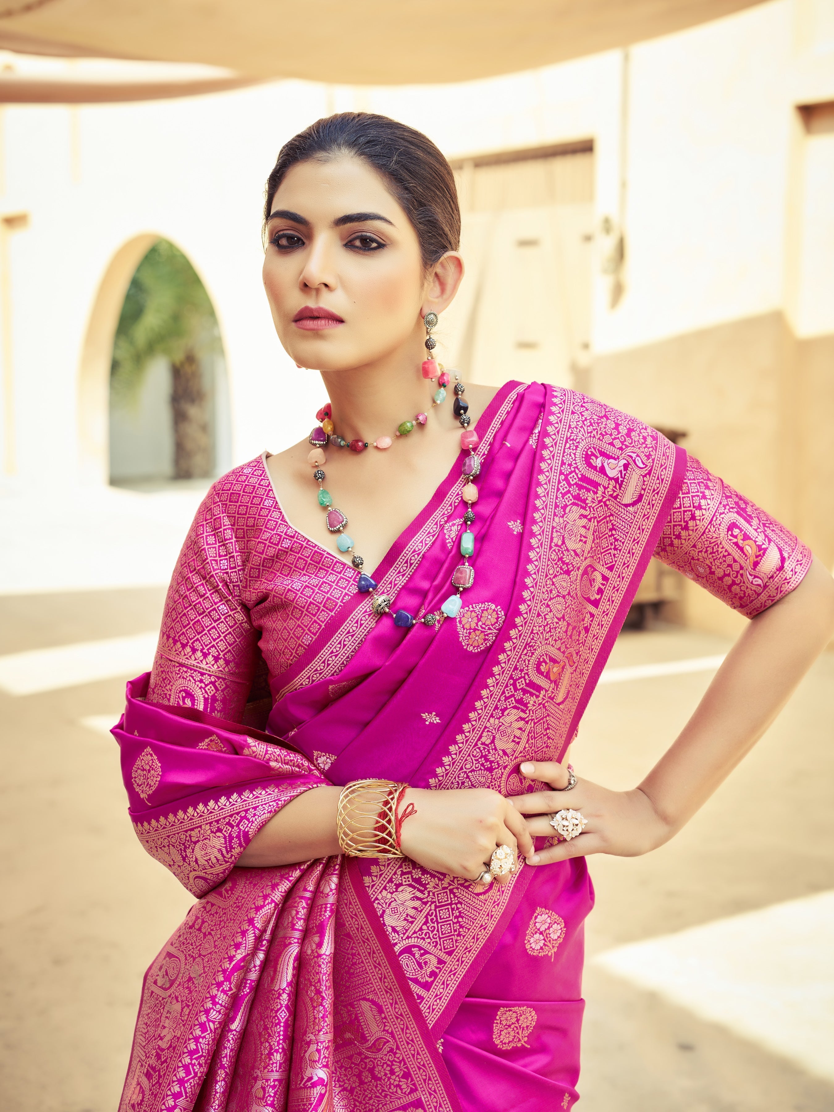 Pink Elegant Zari Woven Cotton Slub Saree with Georgette Blouse