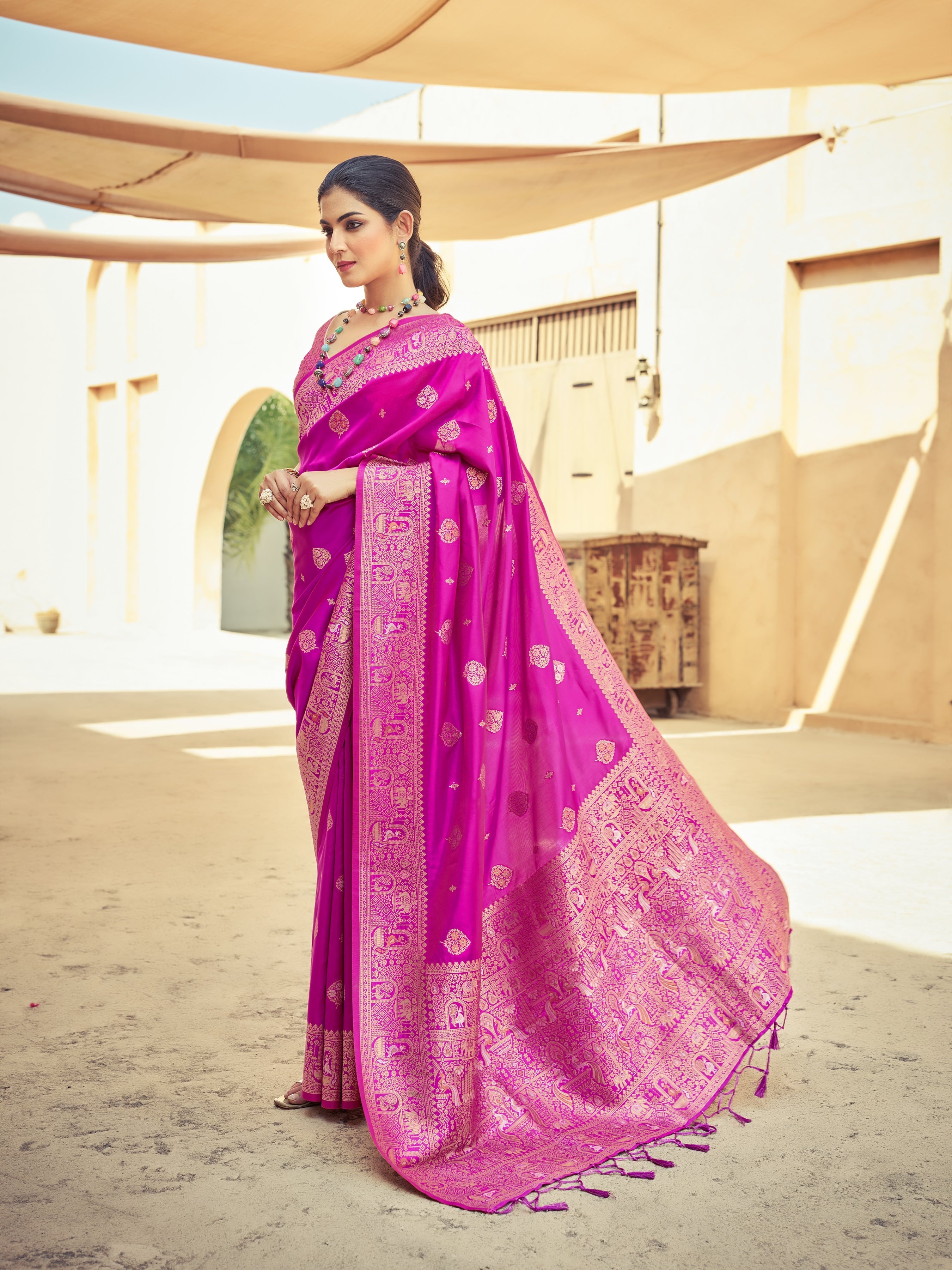 Pink Elegant Zari Woven Cotton Slub Saree with Georgette Blouse
