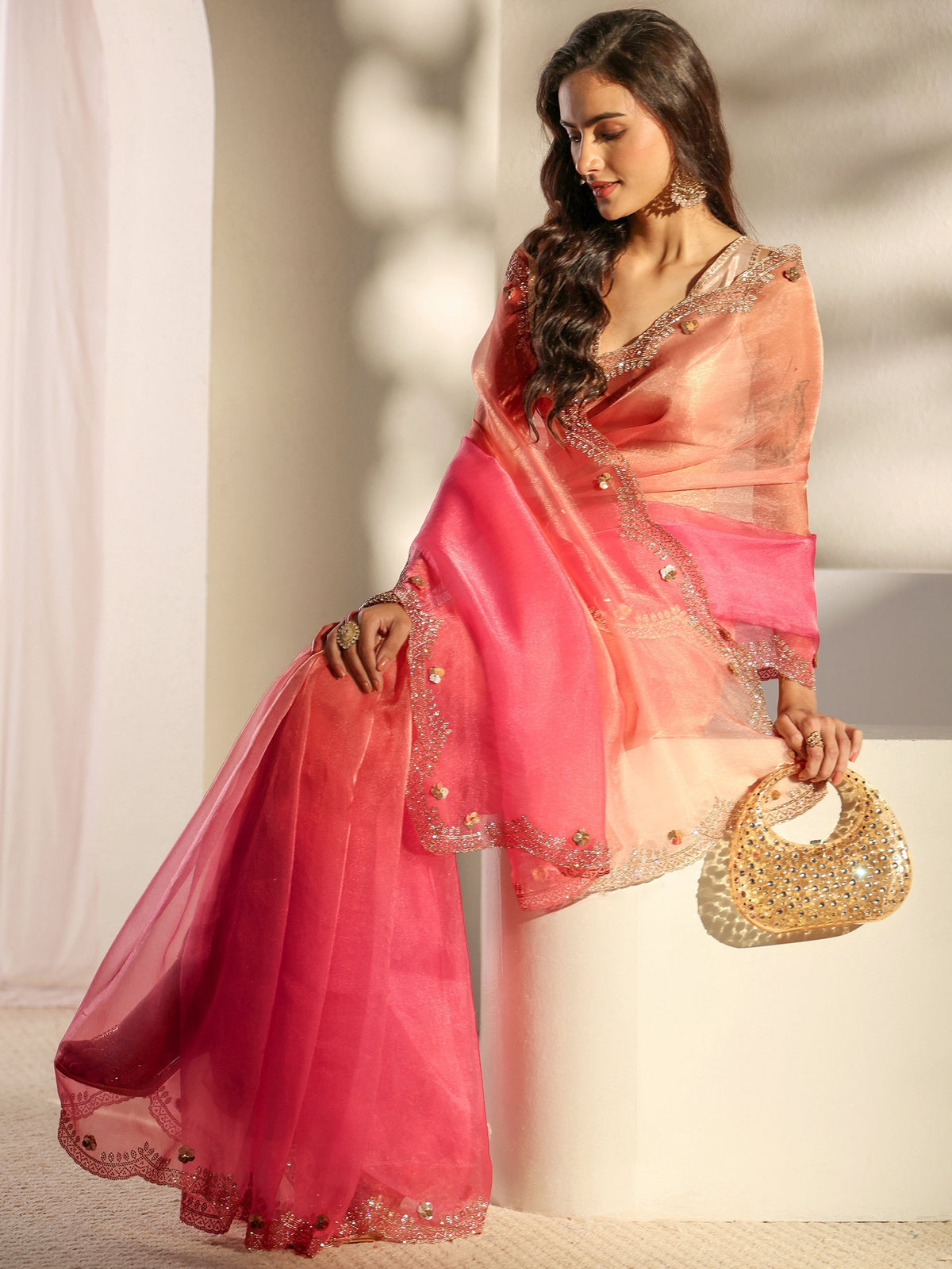 Anouk Pink Embellished Border Ombre Tissue Saree With Unstitched Blouse Piece