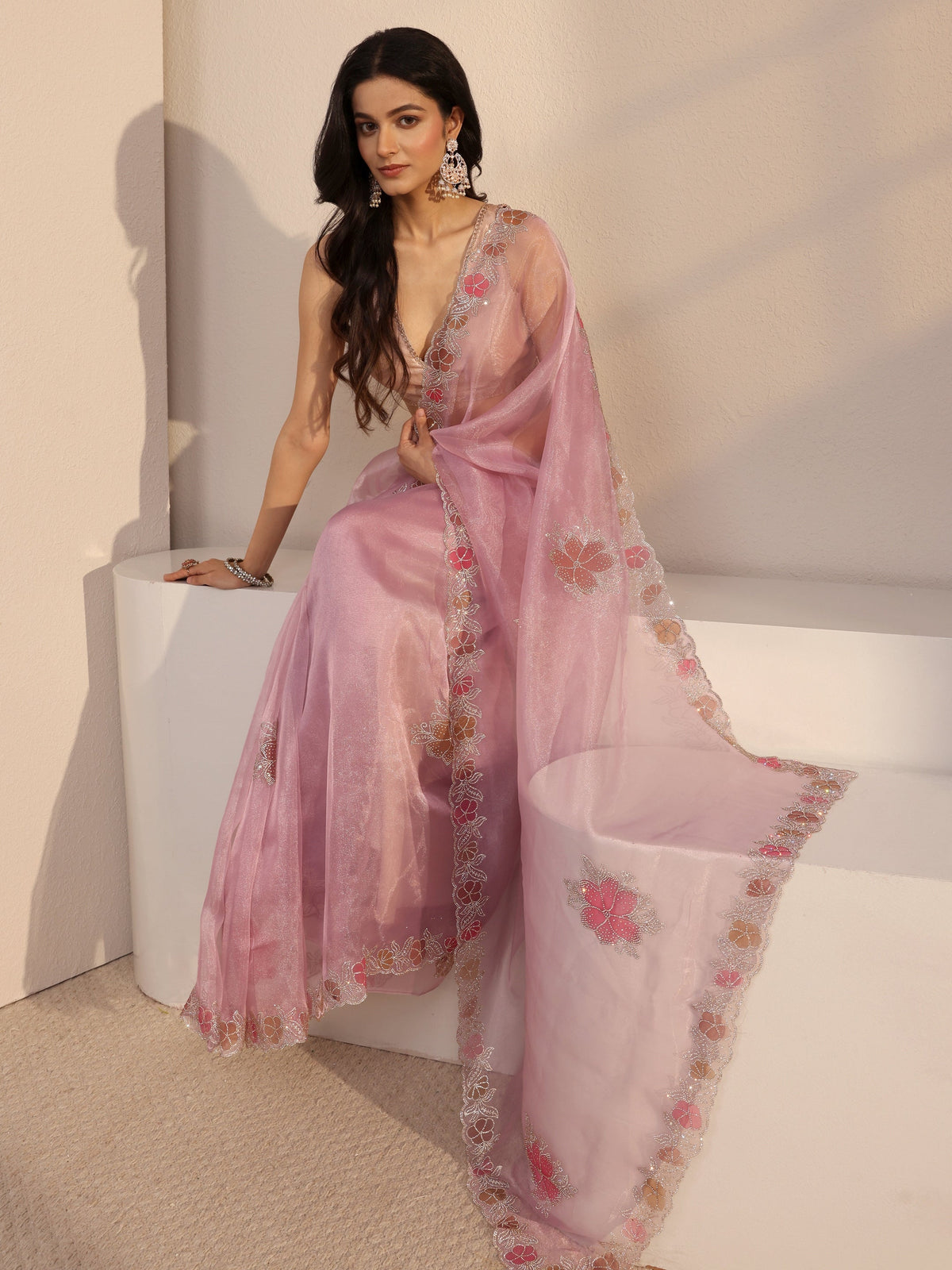 Anouk Pink Embellished Organza Saree With Unstiched Blouse Piece