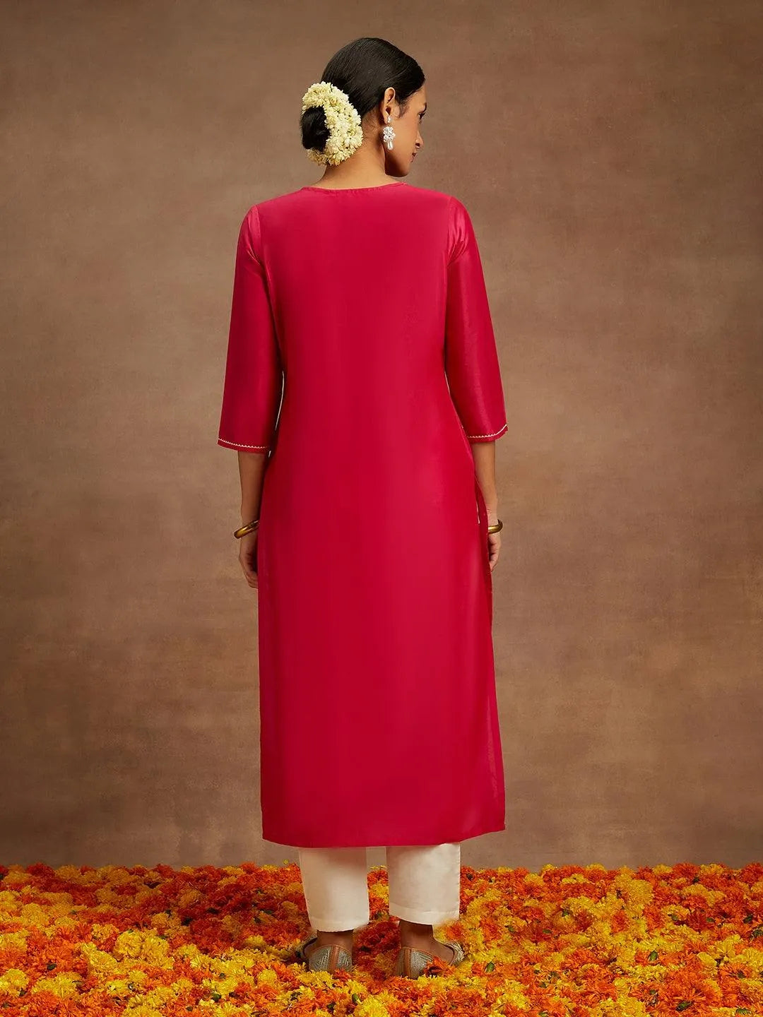 Anouk Pink Embellished Silk Straight Kurta