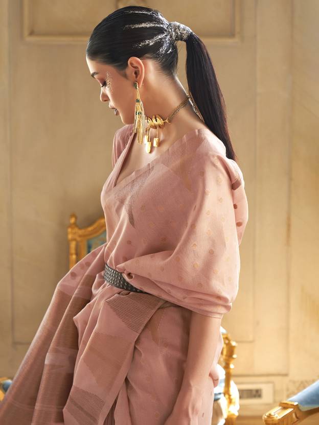 Pink Embroidered Banarasi Tissue Saree with Tassels