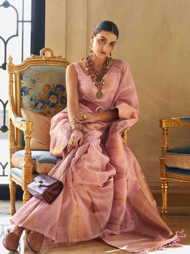 Pink Embroidered Banarasi Tissue Saree with Tassels