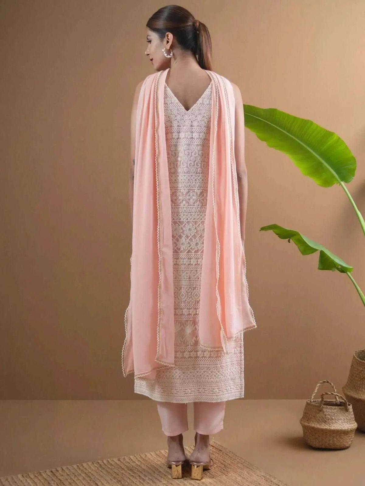 Anouk Pink Embroidered Georgette Straight Kurta With Dupatta