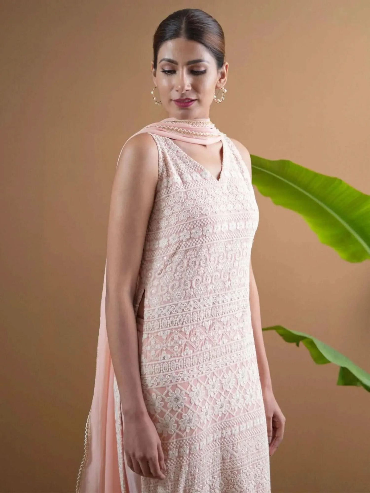 Anouk Pink Embroidered Georgette Straight Kurta With Dupatta
