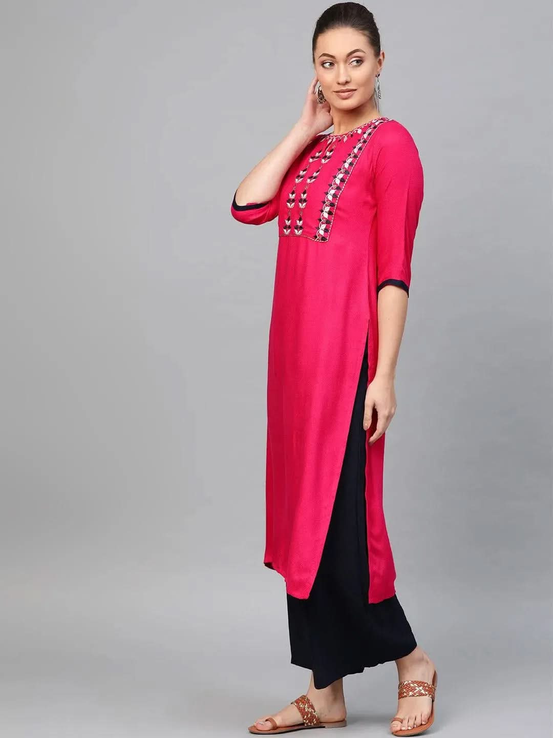 Anouk Pink Embroidered Rayon Kurta