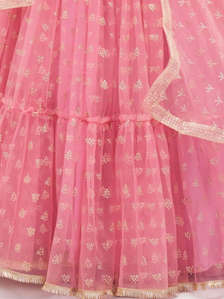 Pink Embroidered Ruffle Net Lehenga Traditional Partywear Designer Wedding Festival  - Embroidery Work, Art Silk, Rubber Print