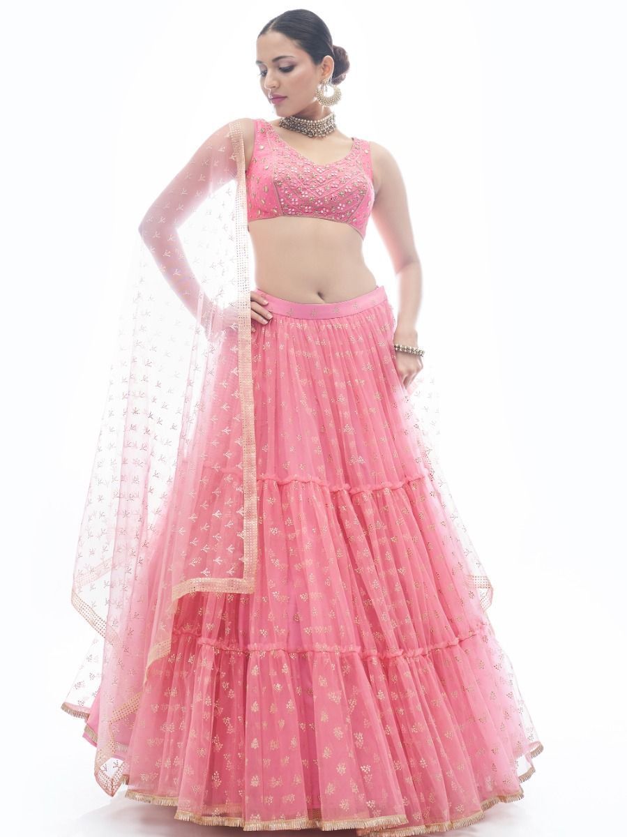 Pink Embroidered Ruffle Net Lehenga Traditional Partywear Designer Wedding Festival  - Embroidery Work, Art Silk, Rubber Print