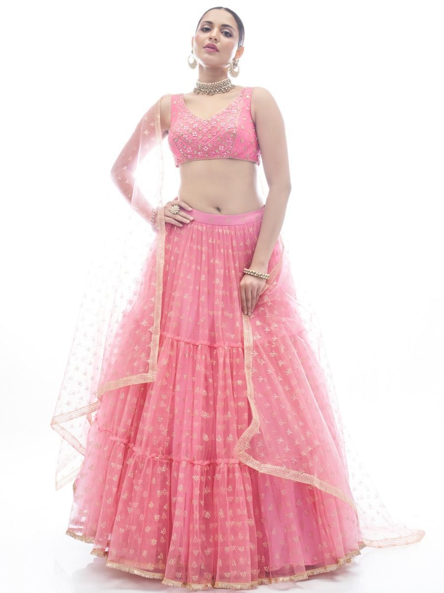 Pink Embroidered Ruffle Net Lehenga Traditional Partywear Designer Wedding Festival  - Embroidery Work, Art Silk, Rubber Print