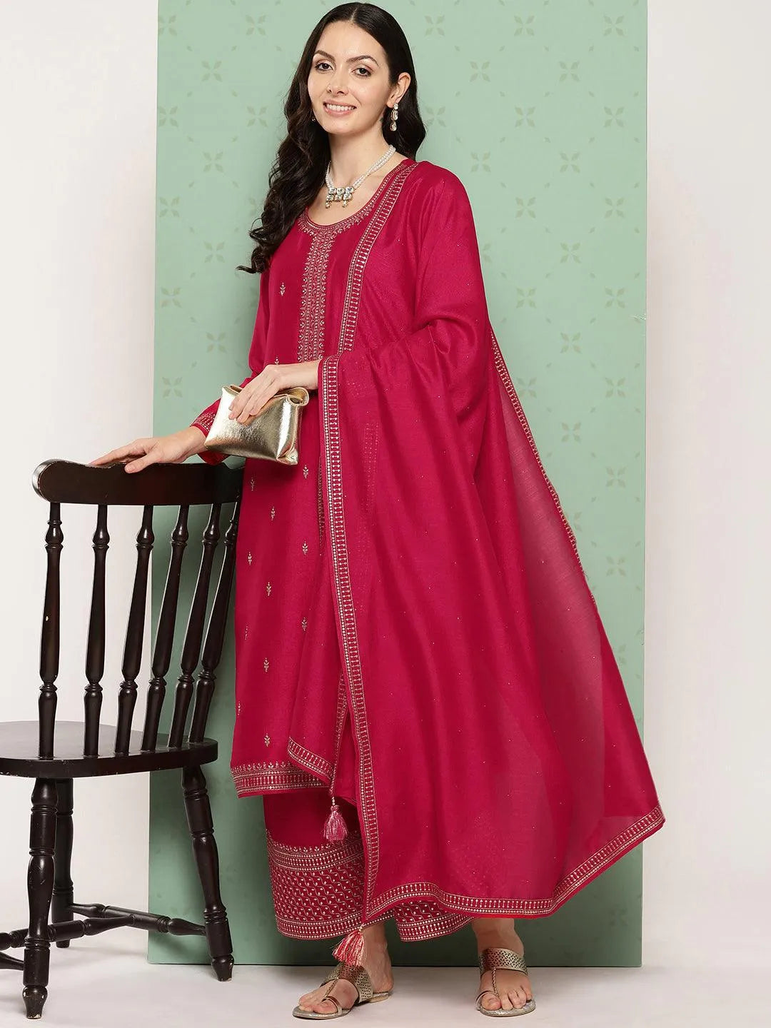 Anouk Pink Embroidered Silk Blend Straight Suit With Dupatta