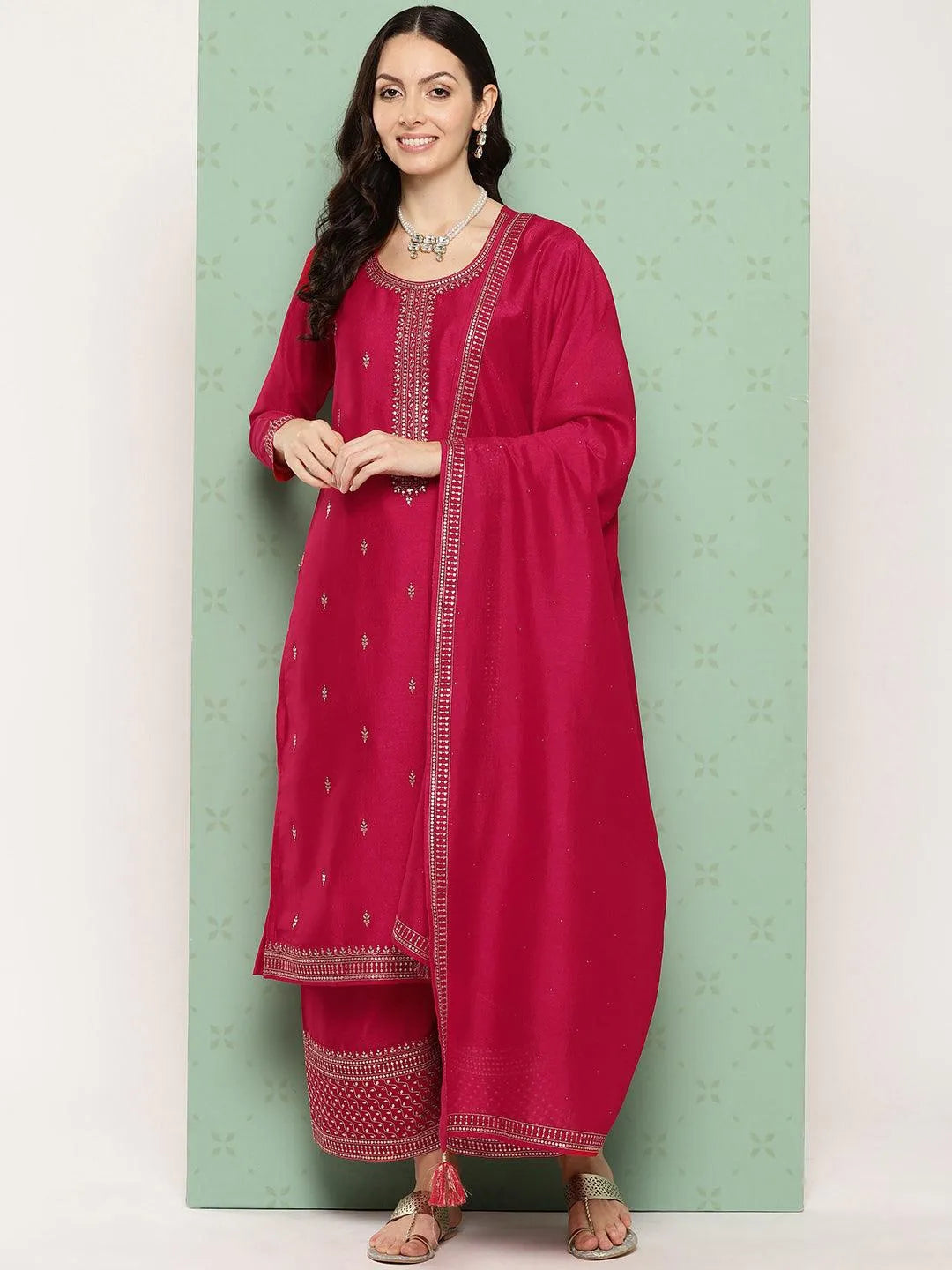 Anouk Pink Embroidered Silk Blend Straight Suit With Dupatta