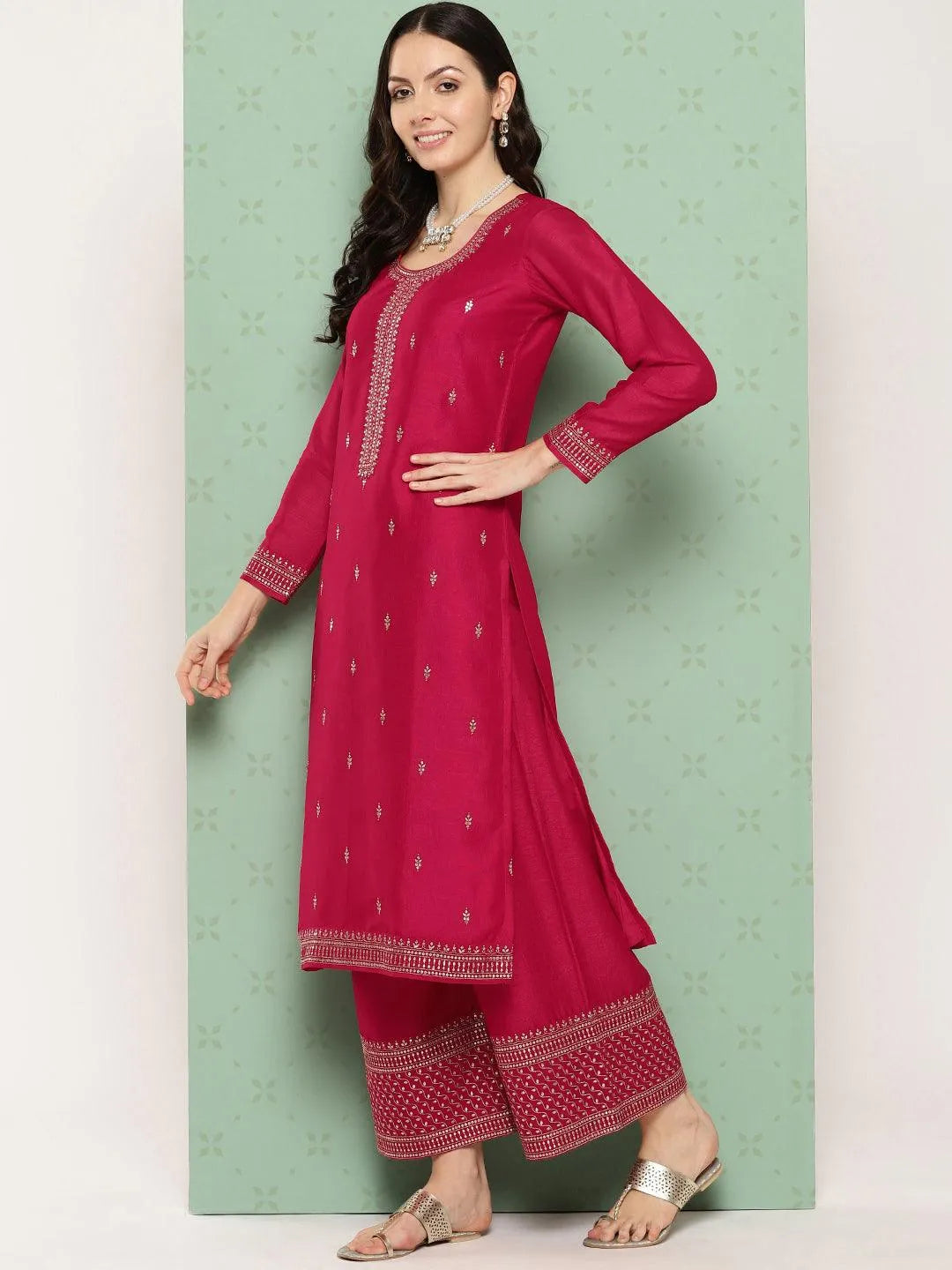 Anouk Pink Embroidered Silk Blend Straight Suit With Dupatta