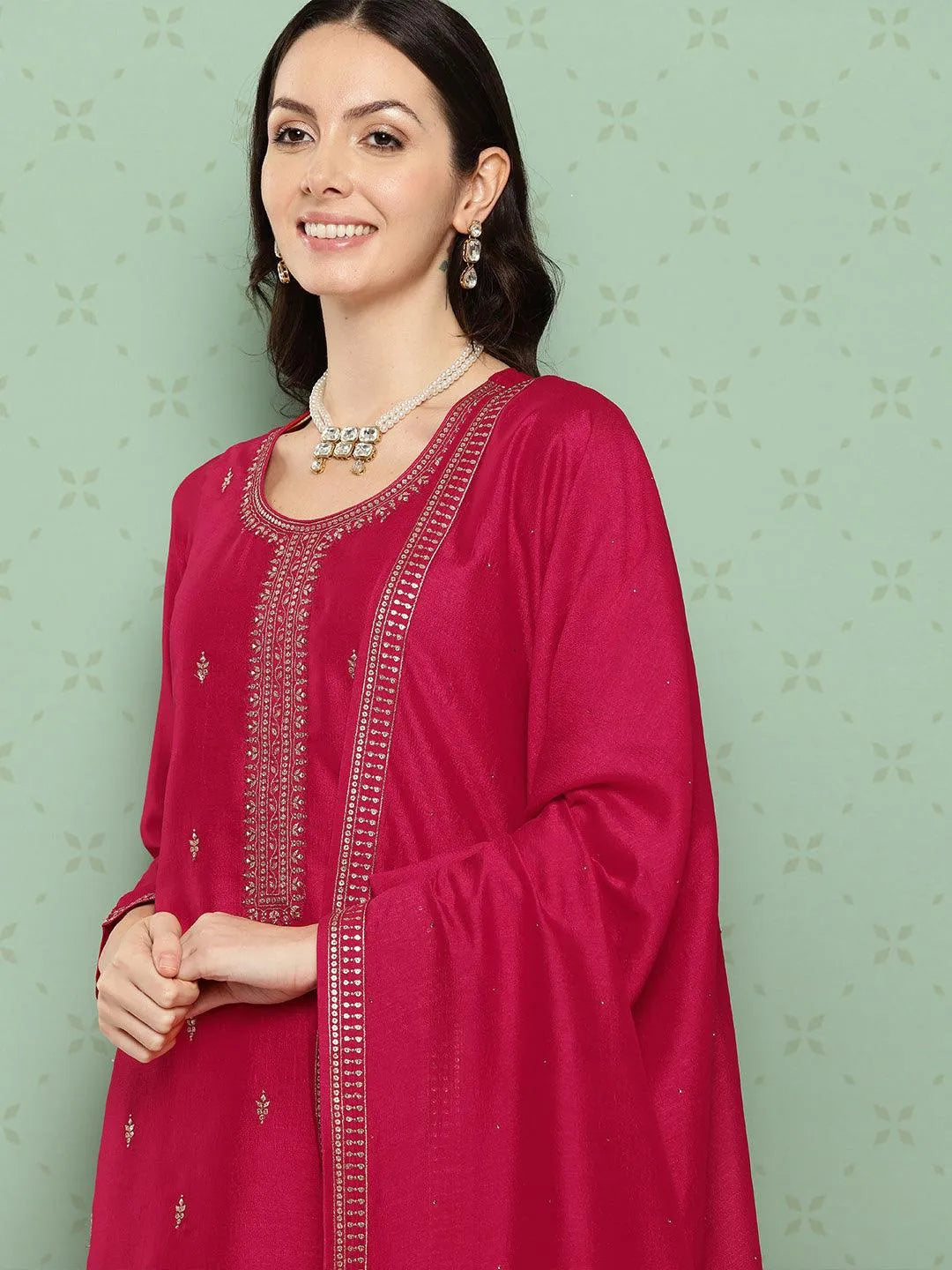 Anouk Pink Embroidered Silk Blend Straight Suit With Dupatta