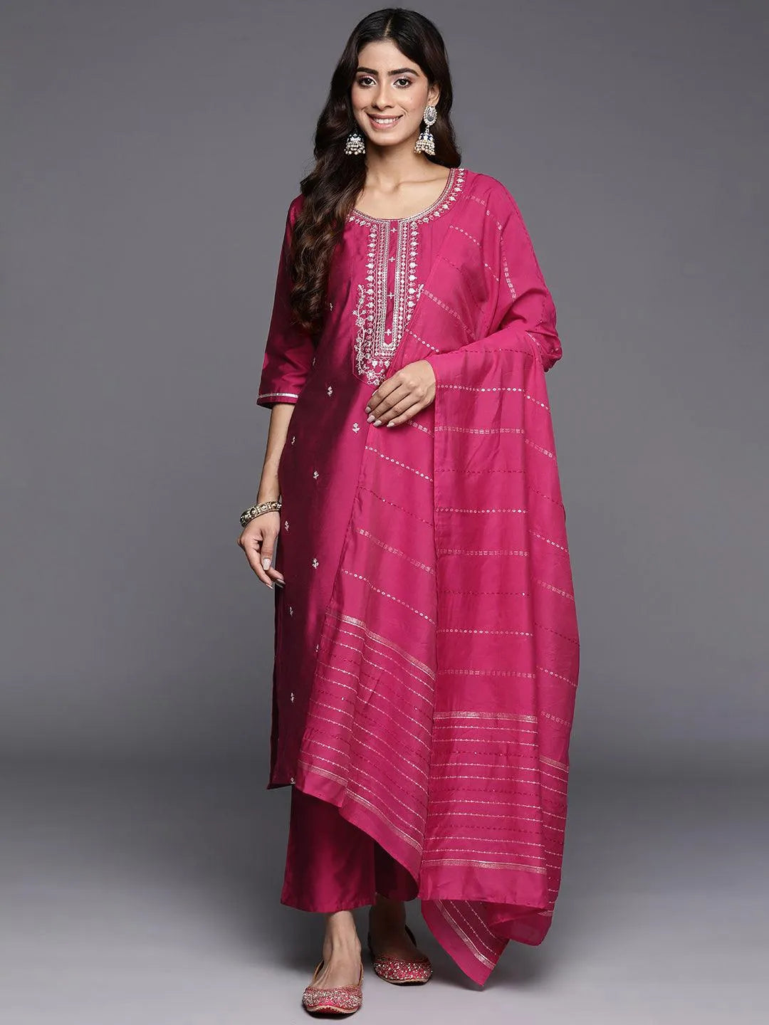 Anouk Pink Embroidered Silk Blend Straight Suit With Dupatta