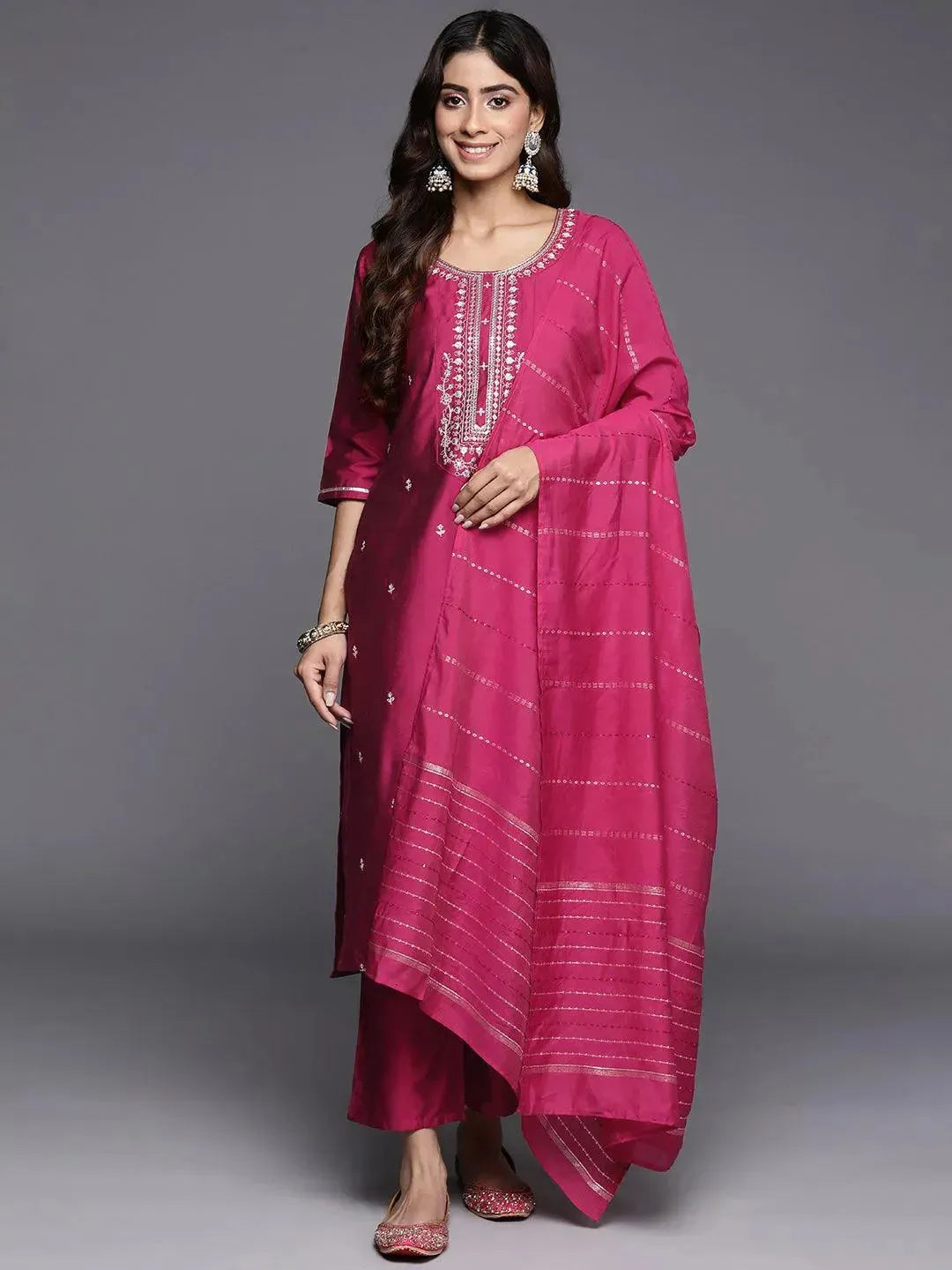 Anouk Pink Embroidered Silk Blend Straight Suit With Dupatta