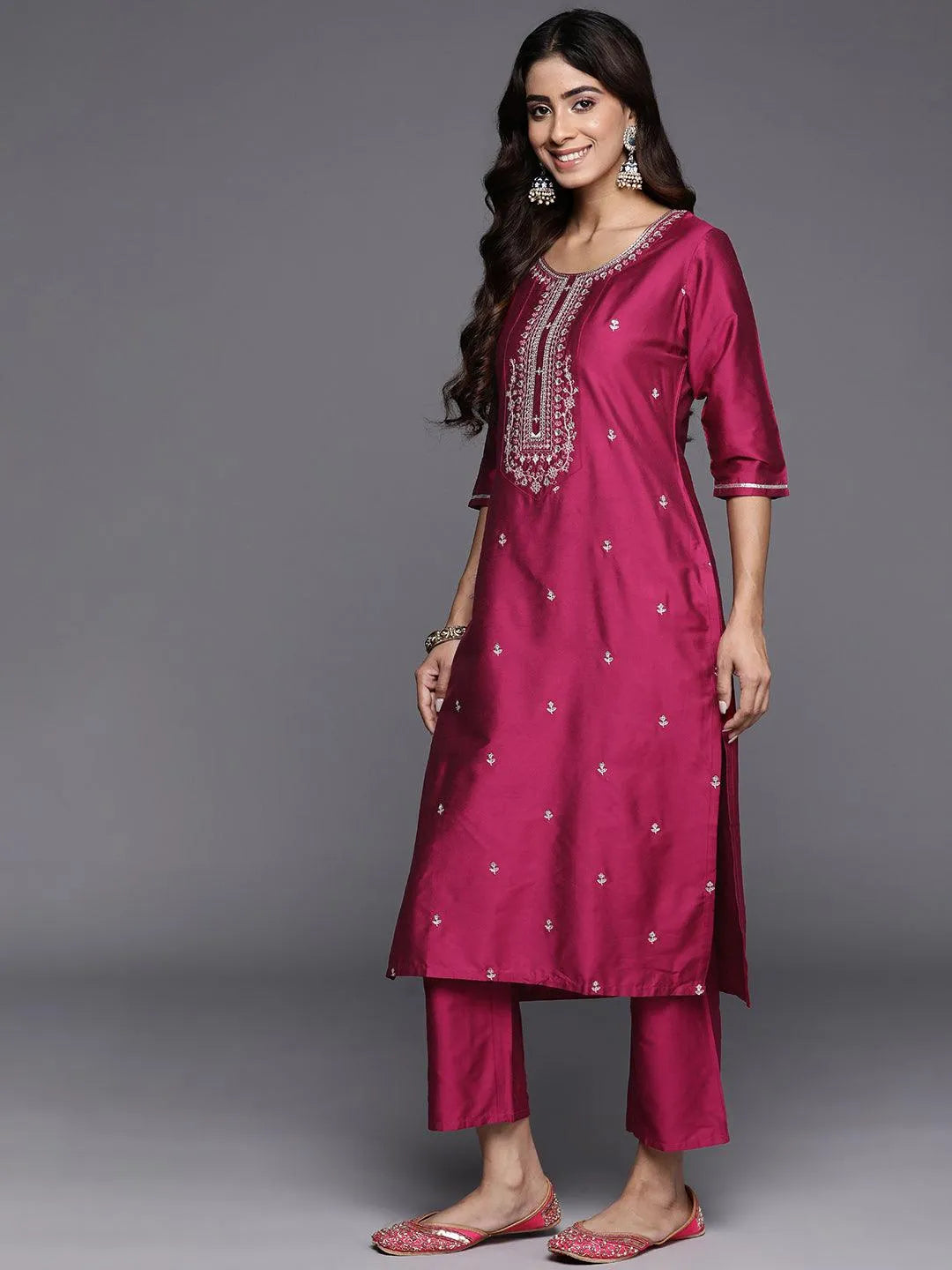 Anouk Pink Embroidered Silk Blend Straight Suit With Dupatta