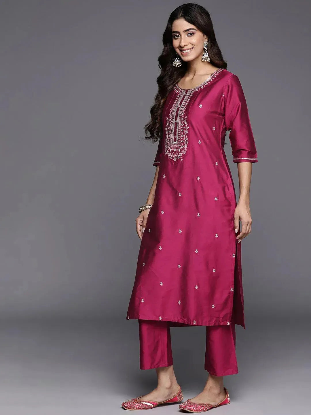 Anouk Pink Embroidered Silk Blend Straight Suit With Dupatta