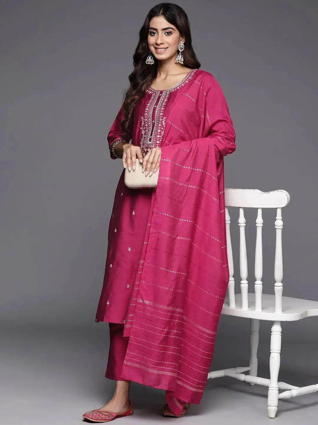 Anouk Pink Embroidered Silk Blend Straight Suit With Dupatta