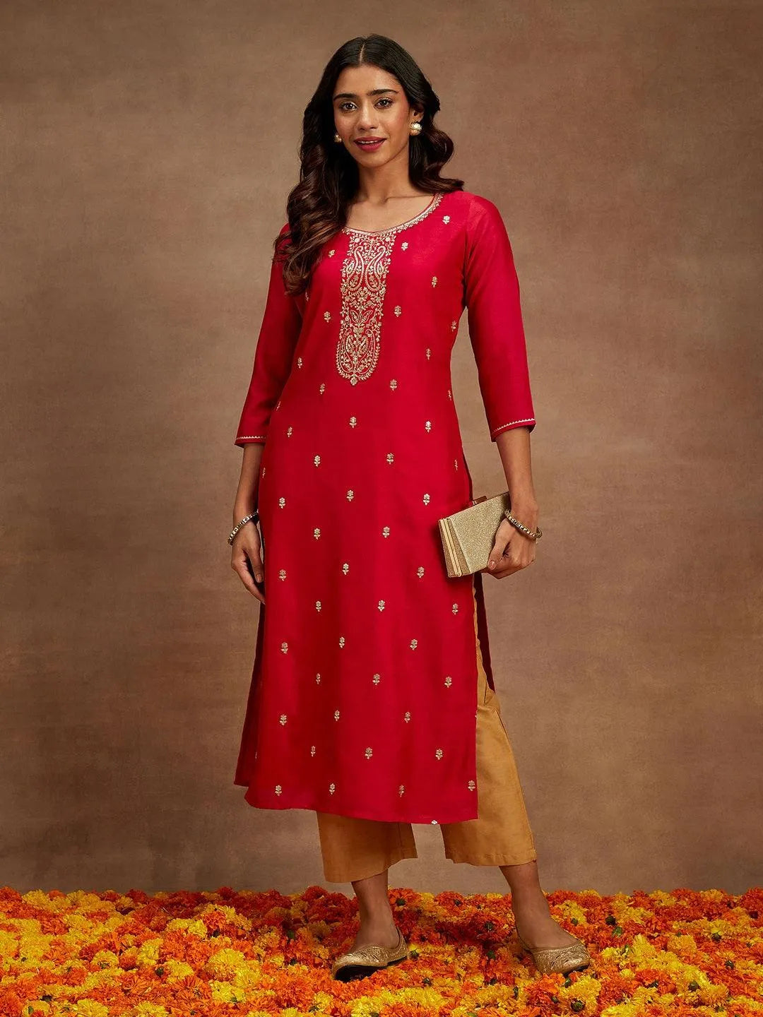 Anouk Pink Embroidered Silk Straight Kurta