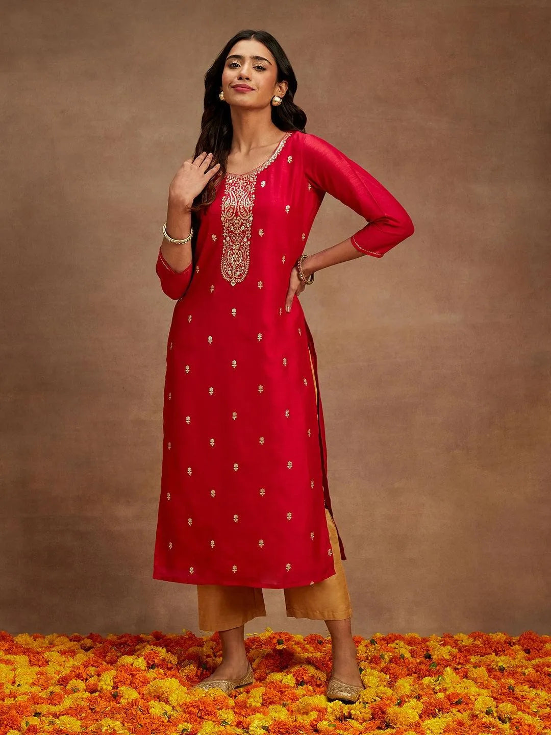 Anouk Pink Embroidered Silk Straight Kurta