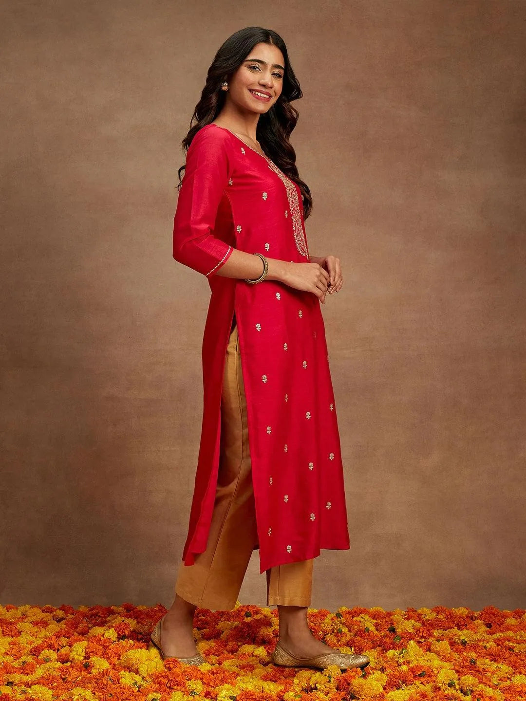 Anouk Pink Embroidered Silk Straight Kurta