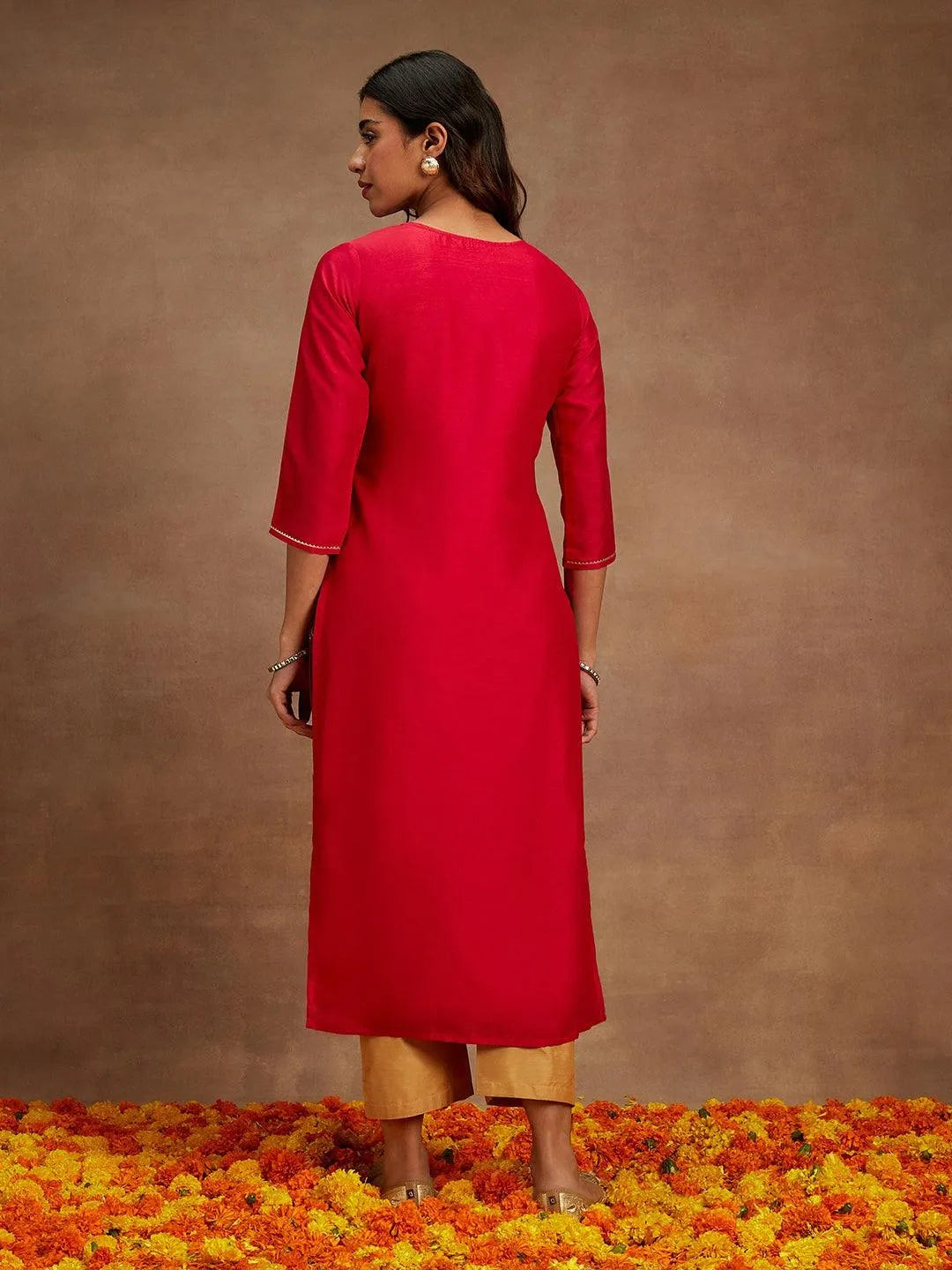 Anouk Pink Embroidered Silk Straight Kurta